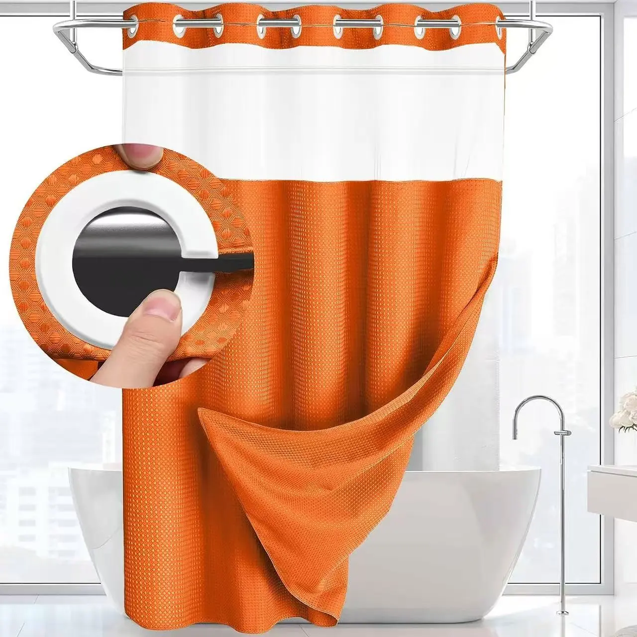 Waterproof Mold-Resistant Shower Curtain, No Hooks No Drilling, Waffle Pattern Dual-Layer, Solid Color with Lining, Modern Bathroom Style, Shower Curtain No Hooks With Liner
