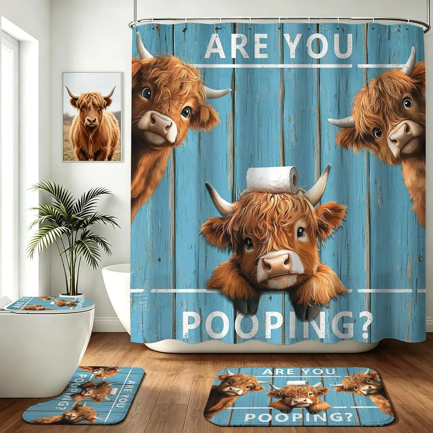 4Pcs Vintage Funny Highland Cow Bathroom Sets with Shower Curtain and Rug | Retro Farmhouse Cow Bath Decor Set Funny Bath Curtain Set with Anti-Slip Waterproof Bathtub Bathroom Rugs Toilet Lid Cover