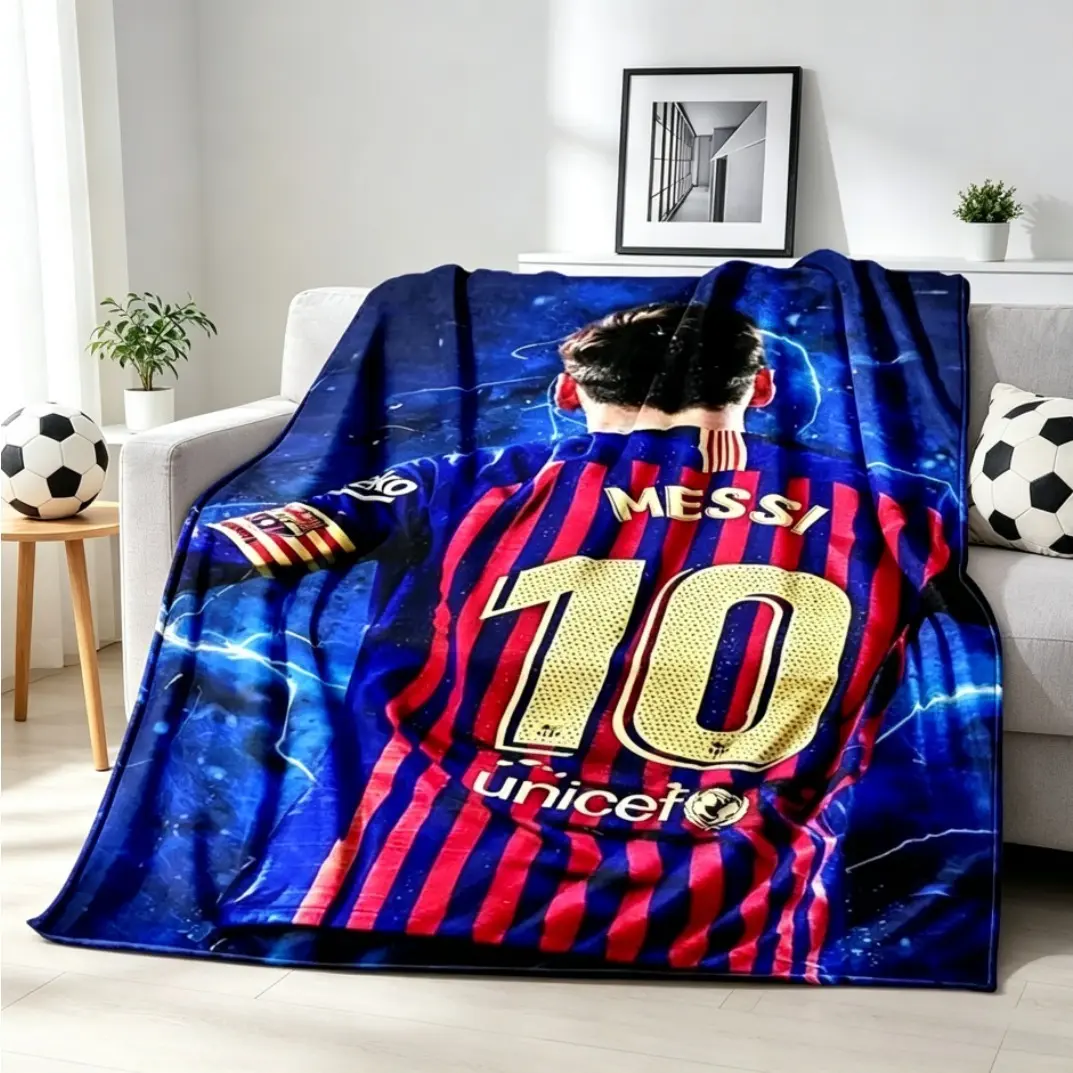 Trending Soccer Superstar Flannel Blanket Ultra Soft Cozy Fleece Throw Blanket Football Print Warm Plush Blanket Sofa Bed Living Room Bedroom Home Decor Adult Kids Portable Gift