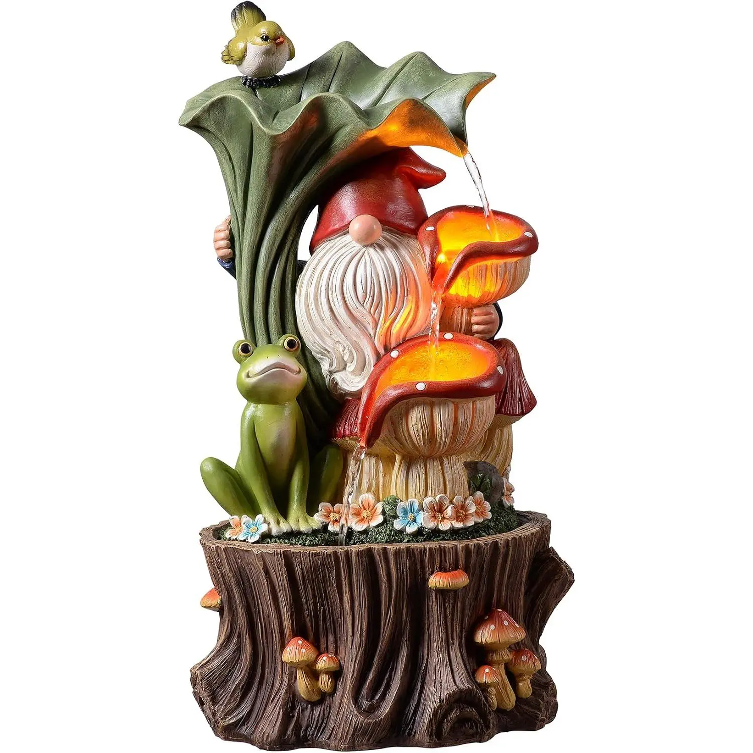 Outdoor Waterfall Fountain with LED Lights,  Tree Stump Waterfall Fountain for Patio Balcony Yard, 21" Tall Garden Water Feature 25007