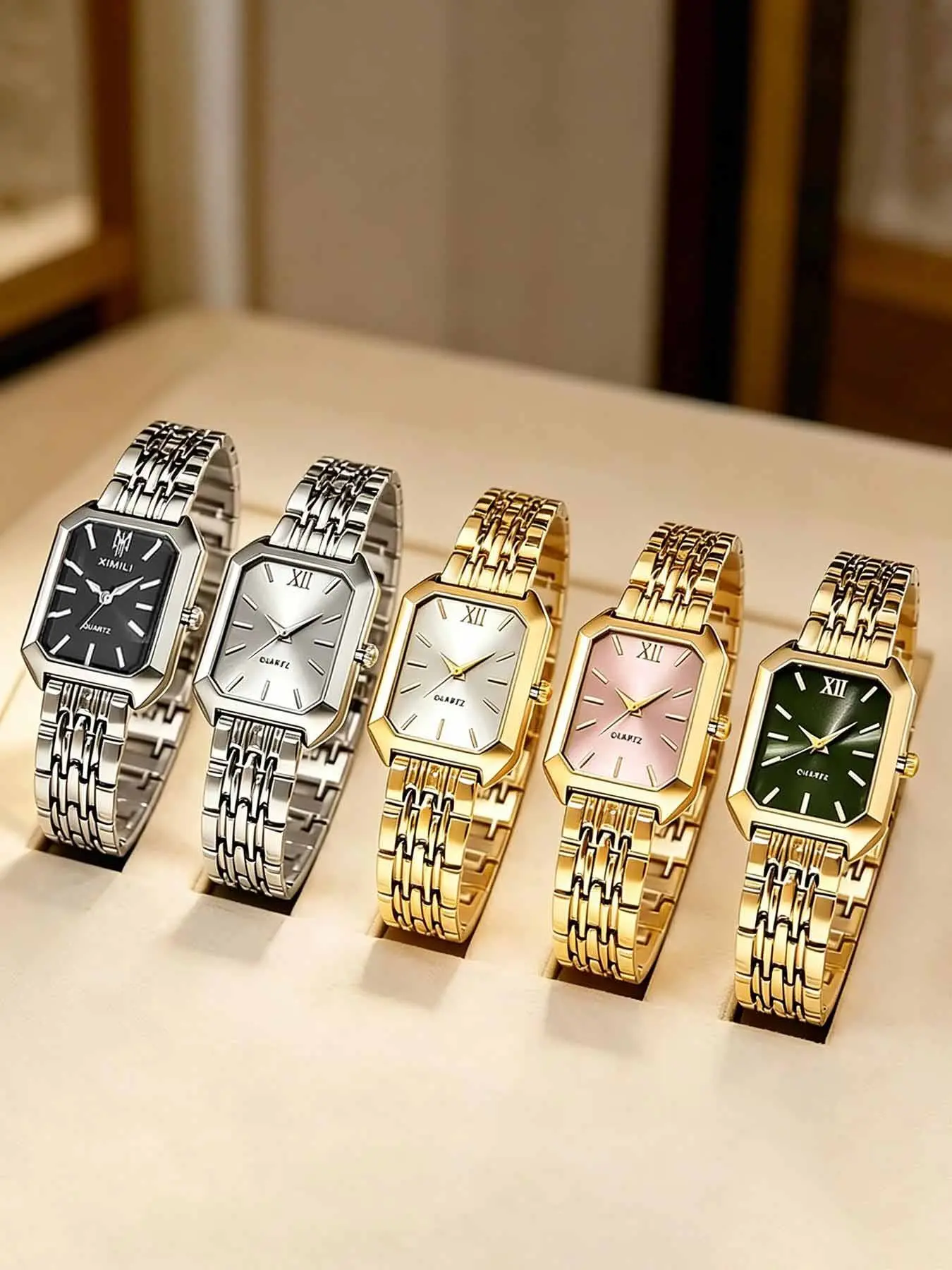 5pcs - Women's Watch Gift Set, Fashionable and Trendy Casual Quartz Watch Set, Classic Retro Rectangular Dial, Comfortable Alloy Strap, Perfect Gift for Family and Friends, Ideal for Easter or Casual Wear