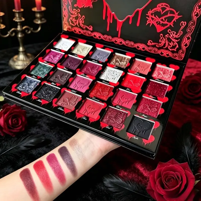 Gothic Butterfly Heart Embossed Large Eyeshadow Palette, Multi-color Matte Shimmer Metallic Eyeshadow, Dark Style Professional Makeup Palette for Artists & Gift Giving