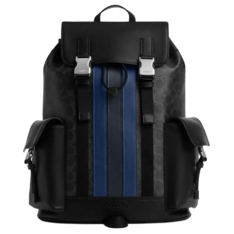 COACH 33 Backpack with Drawstring and Snap Closure – Genuine Leather, Faux Leather, and Fabric Blend – Large Unisex Black