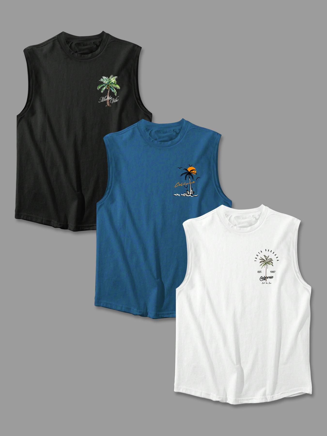 Men's Letter & Palm Tree Print Tank Top, Regular Fit Casual Soft Comfy Sleeveless Round Neck Top for Summer, Men's Clothes for Daily Wear, Stretch Tank Tops, Sleeveless Shirt