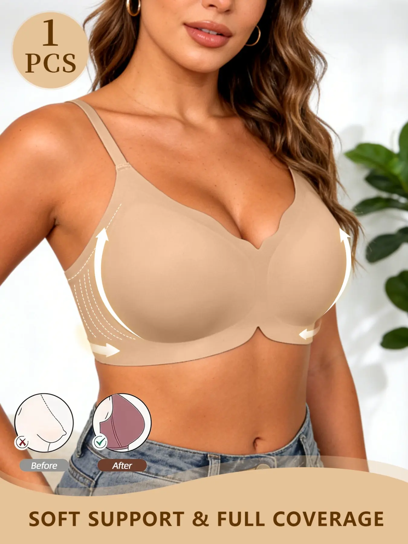 Ladies Seamless Full Coverage Support Bra, V Neck Wireless Bust Shaping Lingerie, Adjustable Thin Straps, Side Gathering Anti Sag Function, Natural Breast Lift Underwear, Perfect Base Layer for Daily Outfits, Suitable for Multiple Occasions