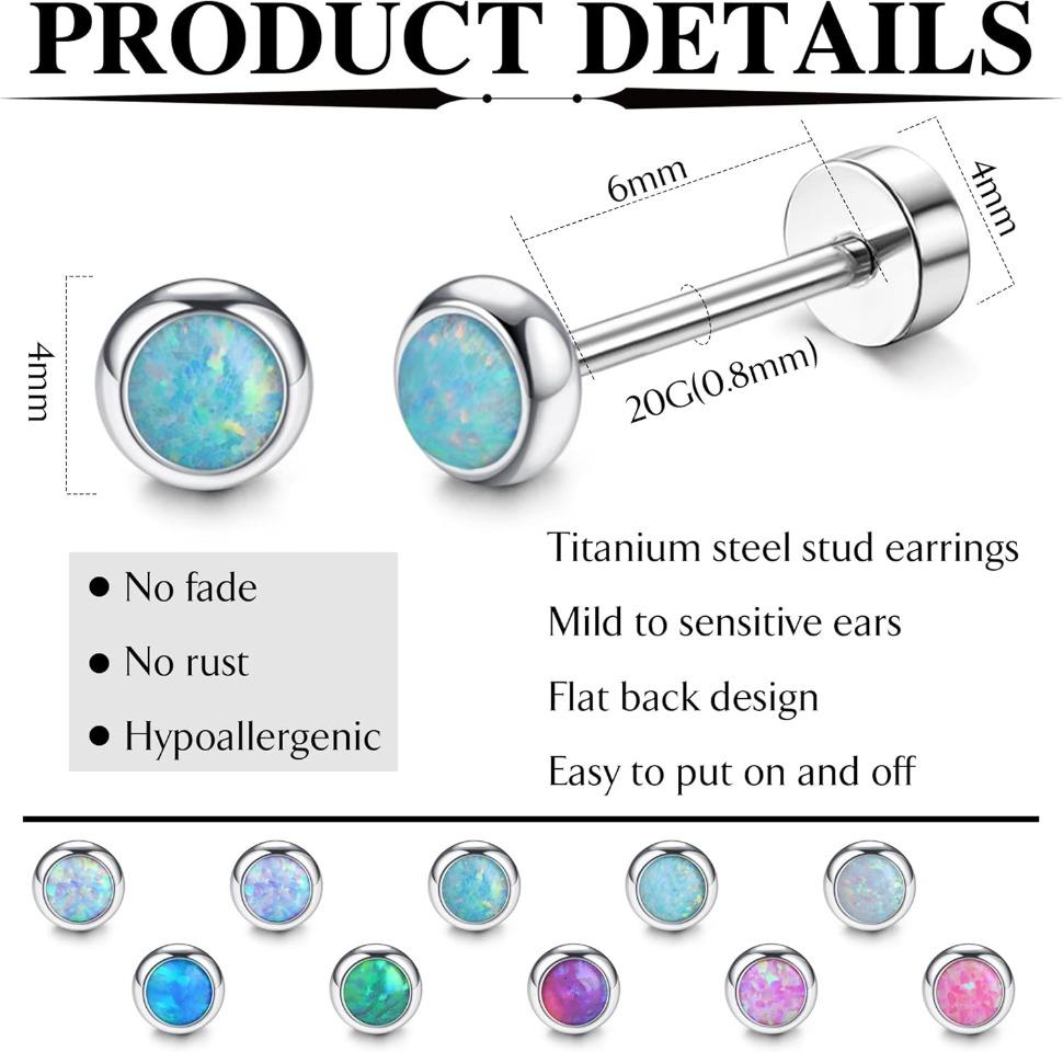 FIBO STEEL 10 Pairs Flat Back Earrings Set for Women Men 316L Surgical Steel Stud Earring Cubic Zirconia Opal 20G Cartilage Earring Piercing Jewelry Hypoallergenic Sturdy Long Color Retention