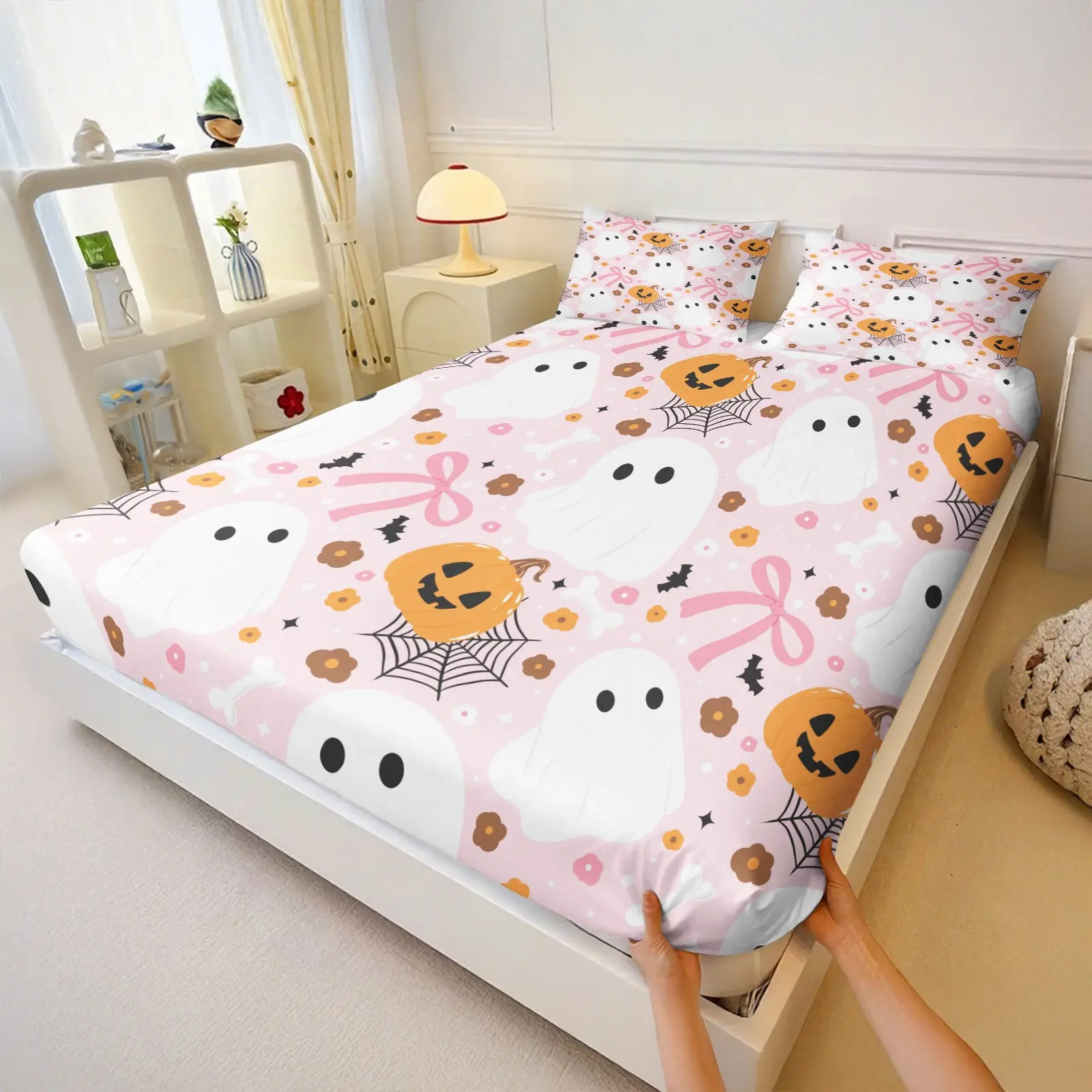 Sweet Kawaii Ghost Halloween Fitted Sheet Set, Cozy Microfiber Bedding, Elastic Mattress Cover with Pillowcases, Bedroom & Apartment Decor