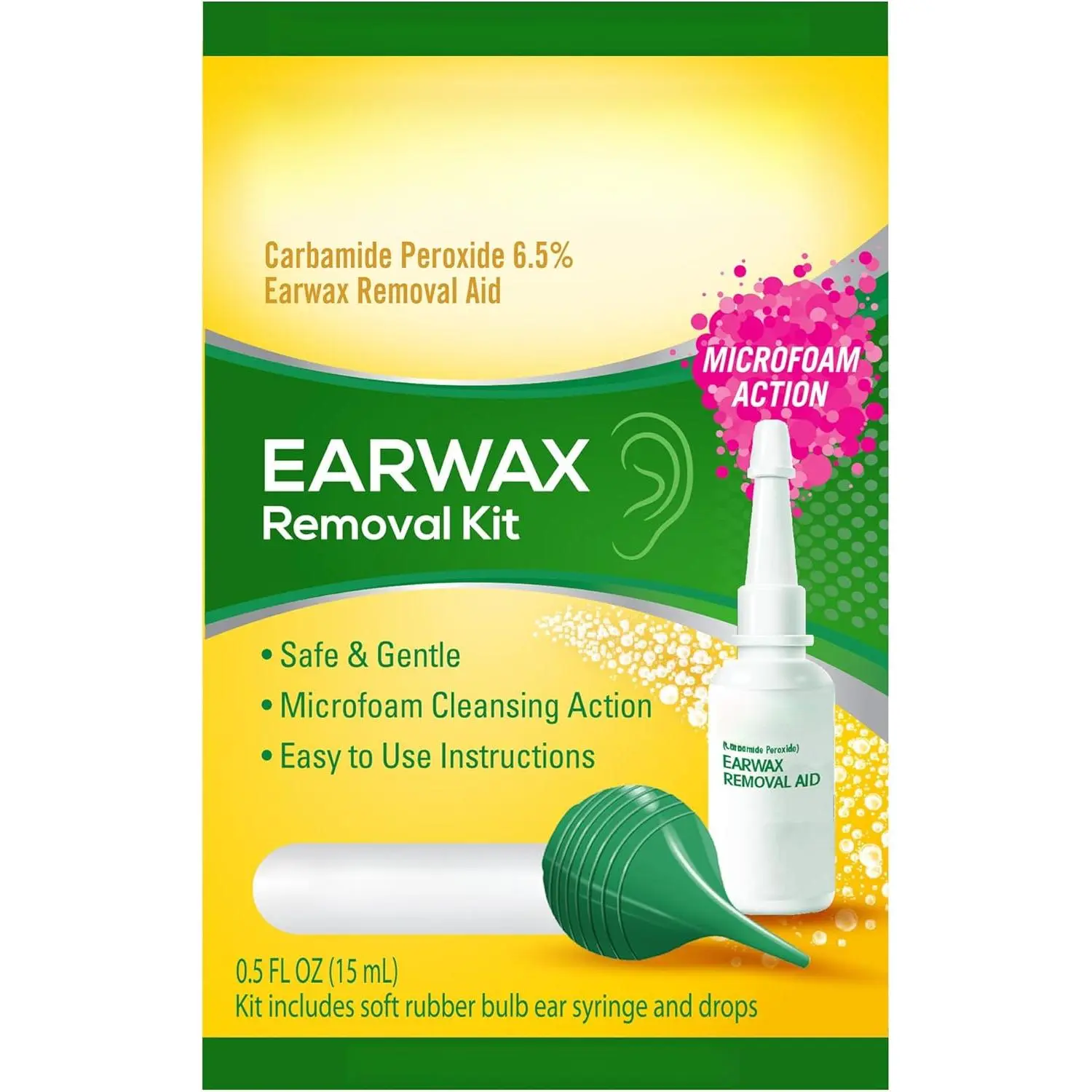 Gentle Ear Wax Removal Kit - Carbamide Peroxide Microfoam Drops + Syringe Set, 0.5 Fl Oz Solution for Post-Application Flush, Bulb Syringe Included, Carbamid Peroxide