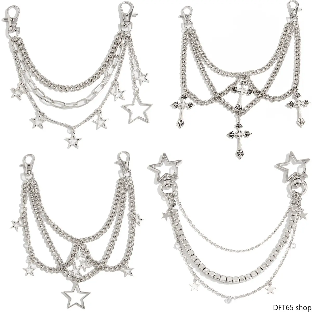 Polished Multi Layer Metal Chain Keychain Decorated With Cross And Five Pointed Star Ornaments Anti-Tarnish Alloy Flexible Extendable Chain Design For Handbag Key Ring Hip Hop Street Daily Matching Minimalist Personality Decorative Accessory