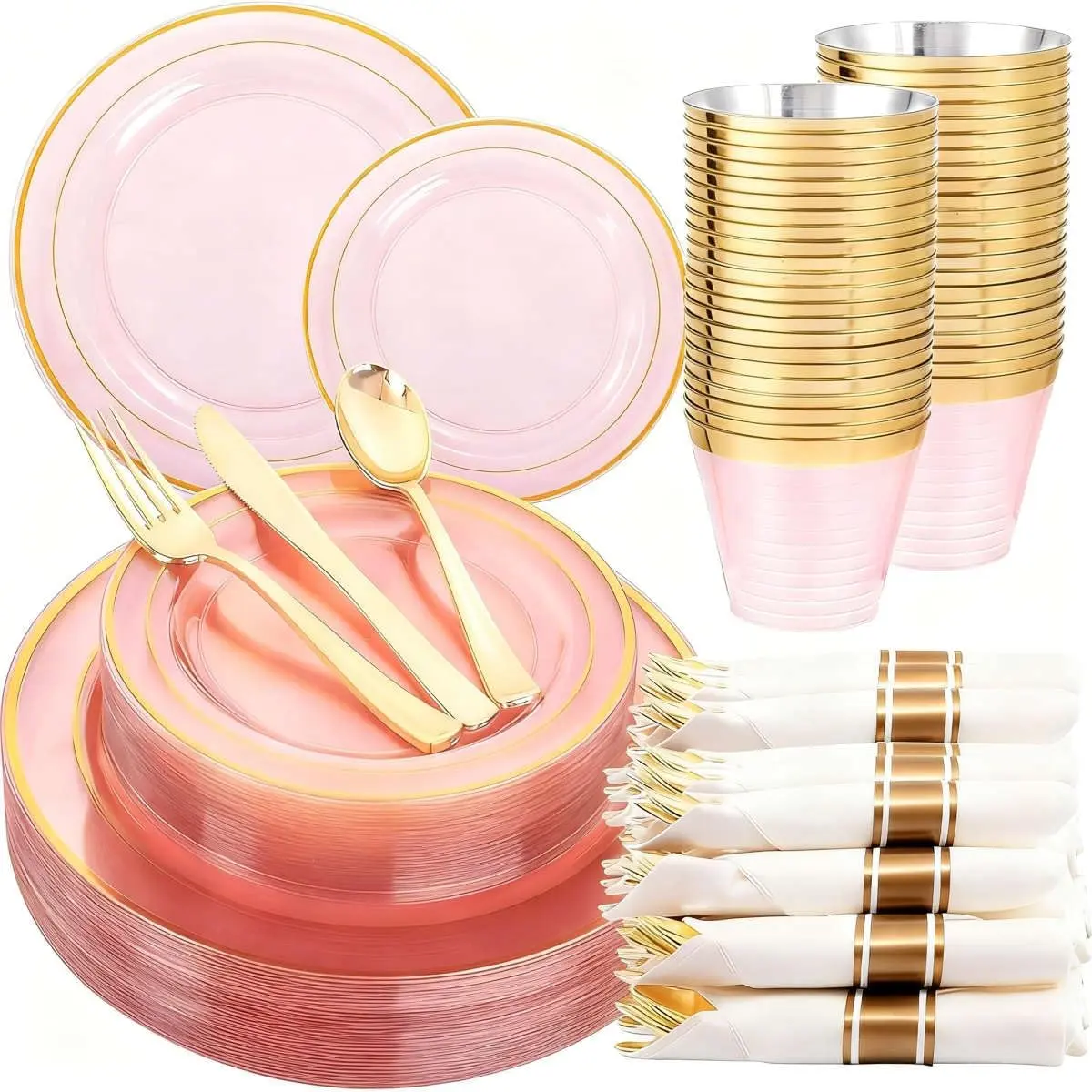 210Pcs Clear-Pink Plastic Dinnerware- Pink and Gold Plastic Dinnerware include 30 Dinner Plates, 30 Dessert Plates, 90 Gold Silverware, 30 Cups and 30 Napkins Perfect for Parties