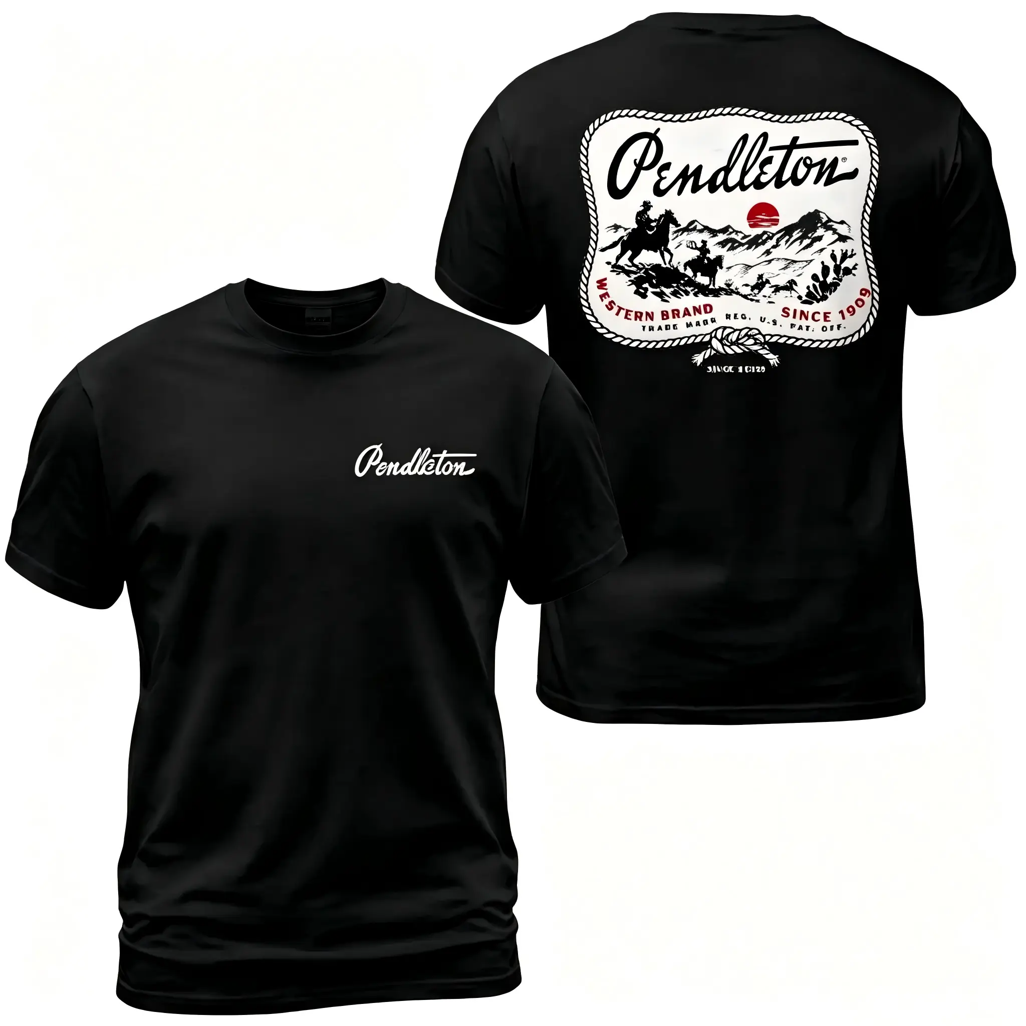 Cowboy Mountain Graphic Tee With Rope Border Back Print, Front Chest Pendleton Logo Shirt, Ranch Western Apparel Gift for Men and Women