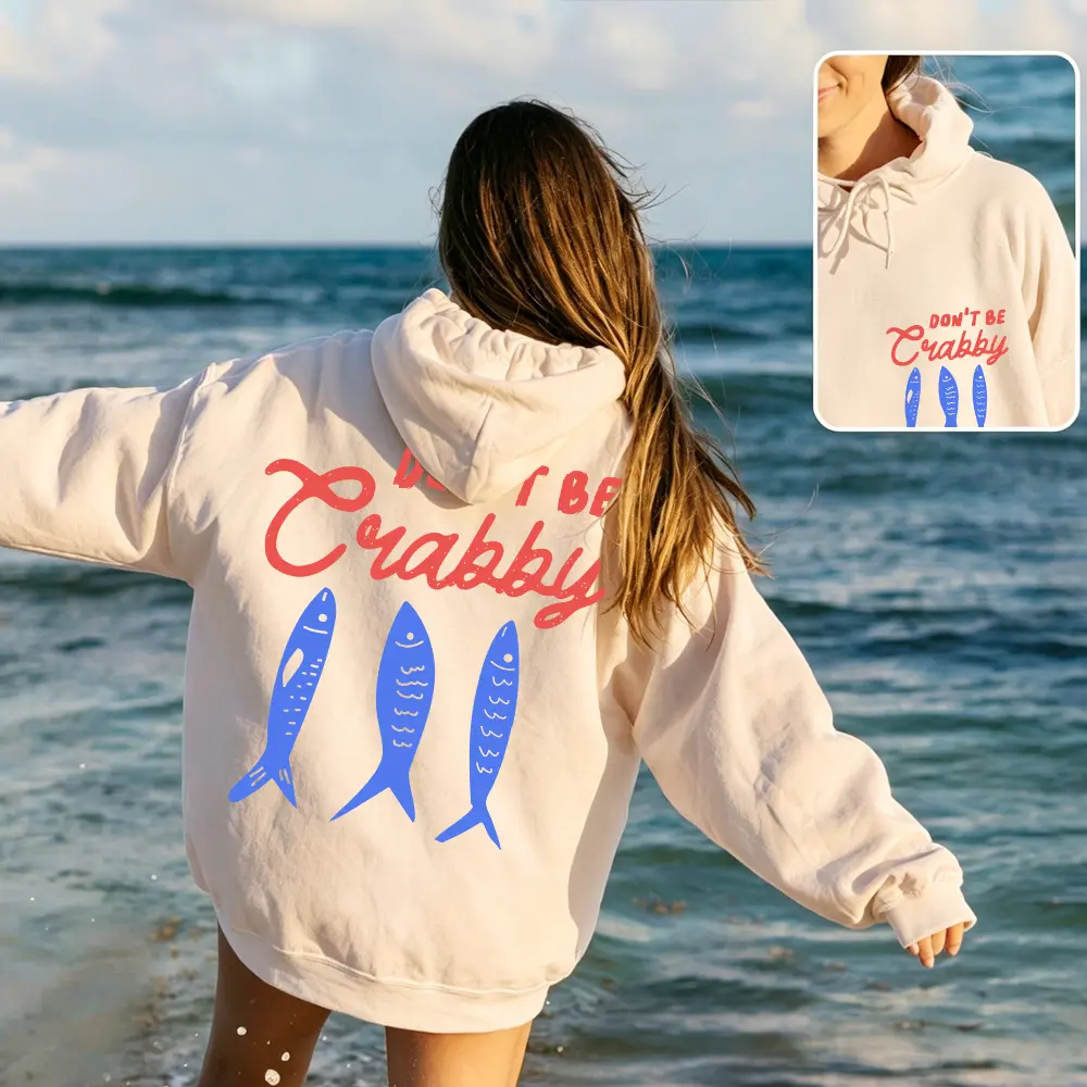 Unisex 100% Cotton Oversized Hoodie | Don't Be Crabby Funny Graphic Sweatshirt, Retro Coastal Fish Heavyweight Pullover, Aesthetic Streetwear