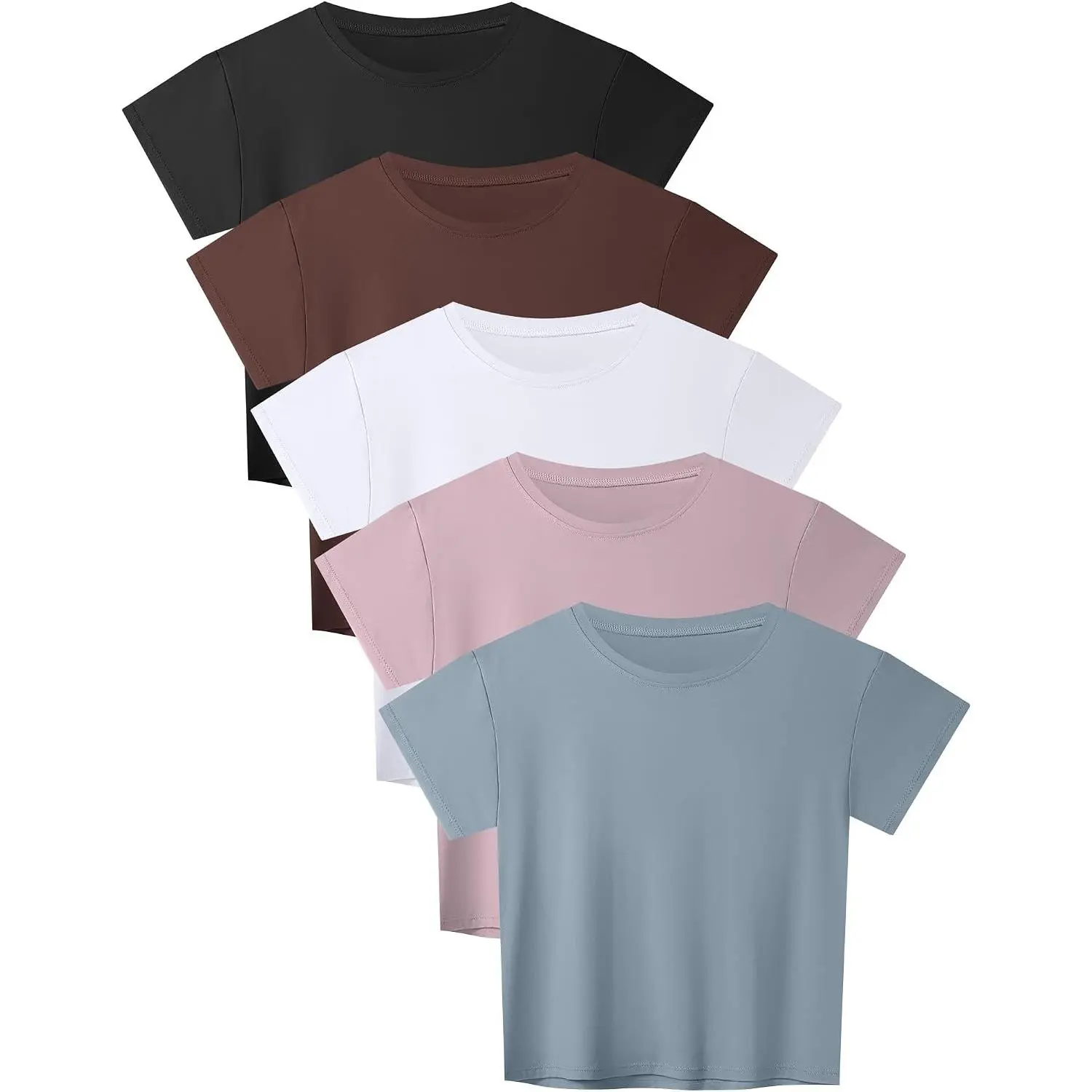 Women's 5-Pack Crop Top T-Shirts - Crew Neck, Short Sleeve, Solid Colors, Plain, Multi-Size for Workout, Casual Wear