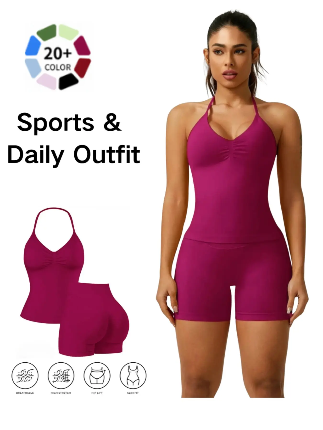 Tummy Control High Waist Yoga Set, Ruched Halter 2-Piece Workout Set, Butt Lifting Gym Shorts for Women, Comfortable Stylish Yoga Gym Outfits, Sports Clothing Set