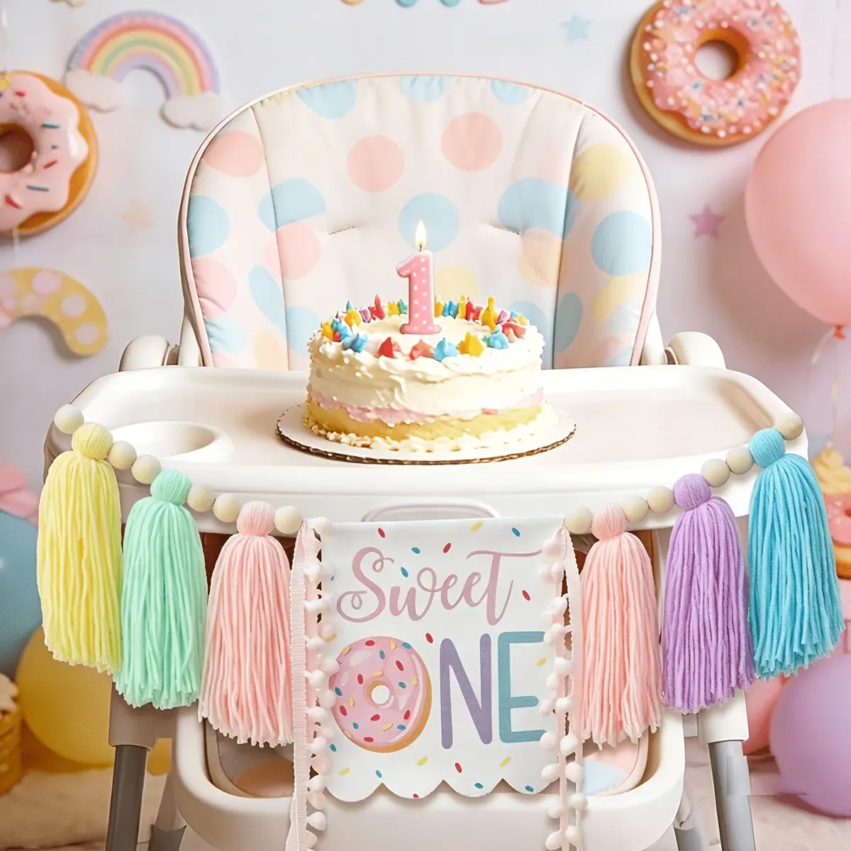 Sweet One High Chair Banner, Donut Theme First Birthday Decoration, Macaron Fringe Wooden Bead Ornament, Photo Prop, 1st Birthday Party Supplies