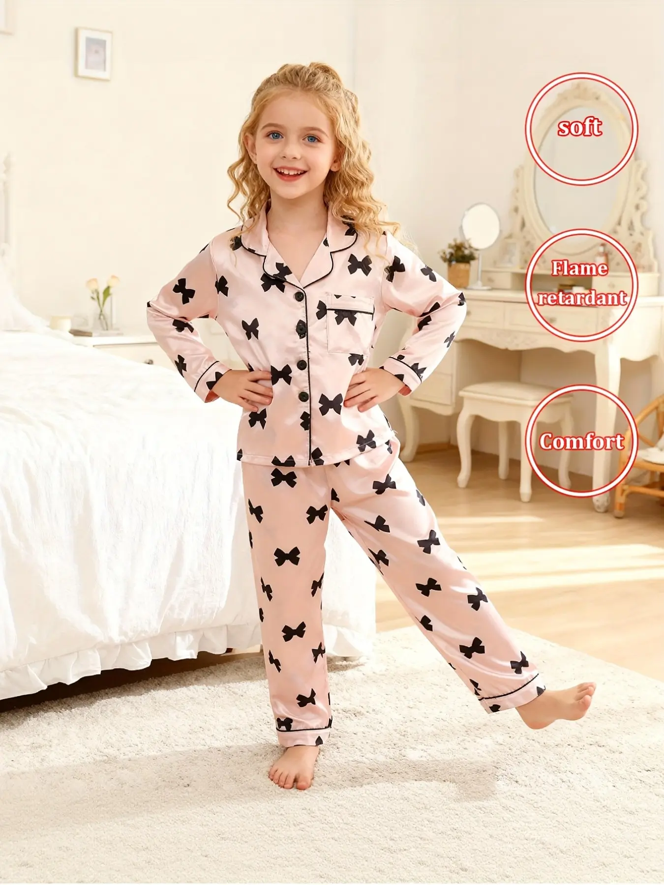 Girls' 2-Piece Pajama Set, Sweet Elegant Style, Light Base, Bow All-Over Print, Long Sleeve, Soft Comfortable, Casual Comfy Pajama, Home Wear