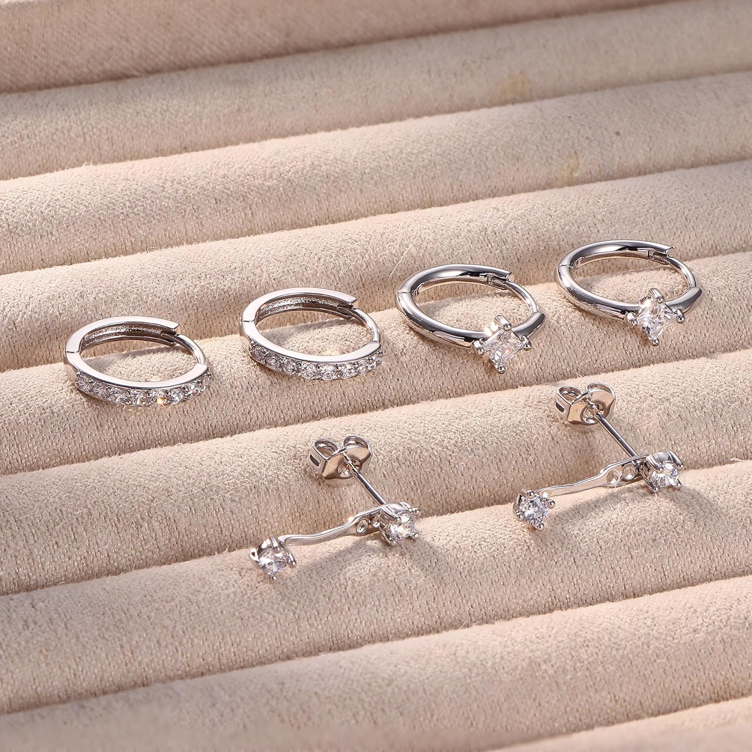 3-4 Pairs 925 Sterling Silver Earrings for Women, Dainty 14K Gold Plated Stud Hoop Earrings Sets for Multiple Piercing, Hypoallergenic Small Silver Hoop Earrings Stacks for Sensitive Ears Women Trendy Earrings