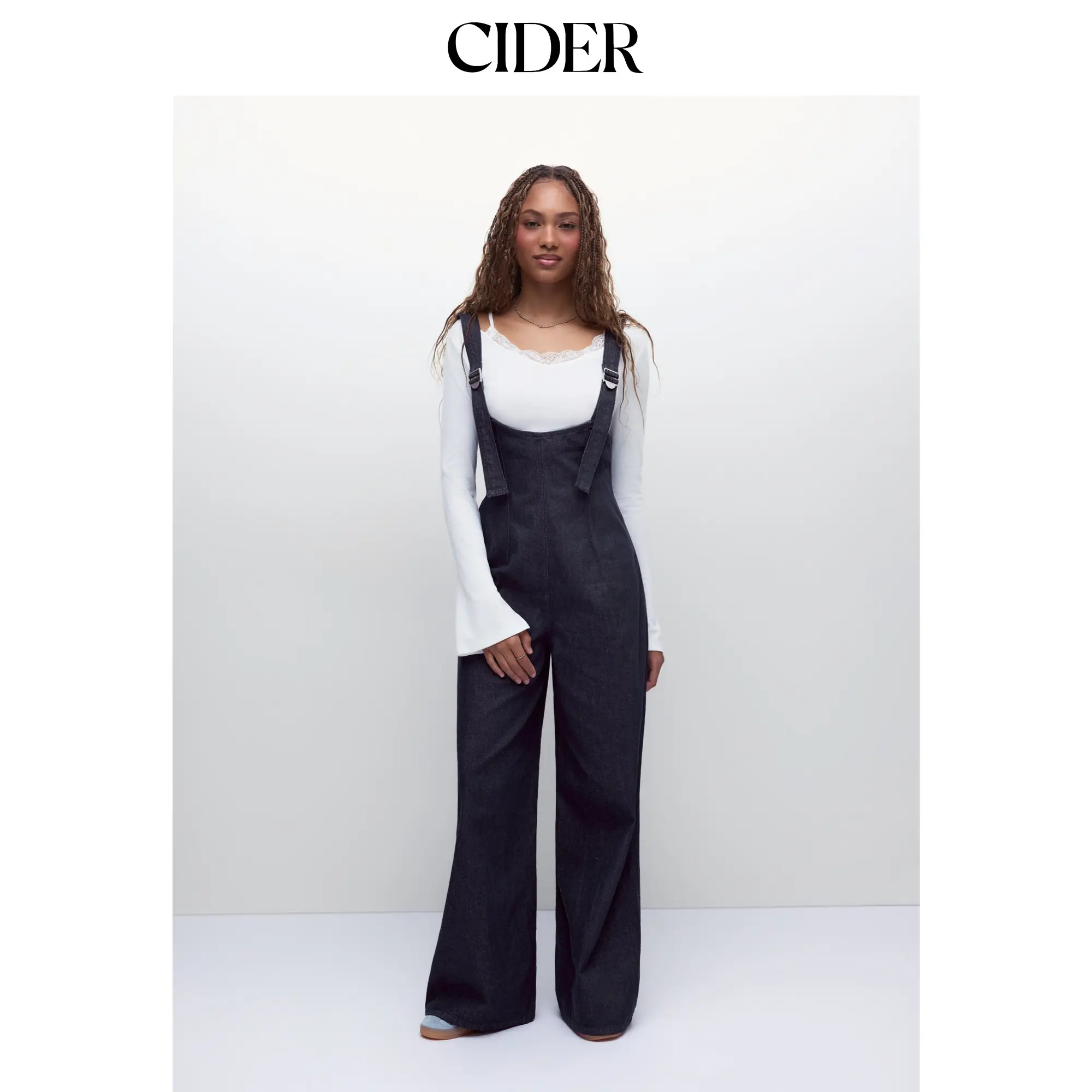 Cider Denim Washed High Rise Ruched Buckle Detail Wide Leg Jumpsuit