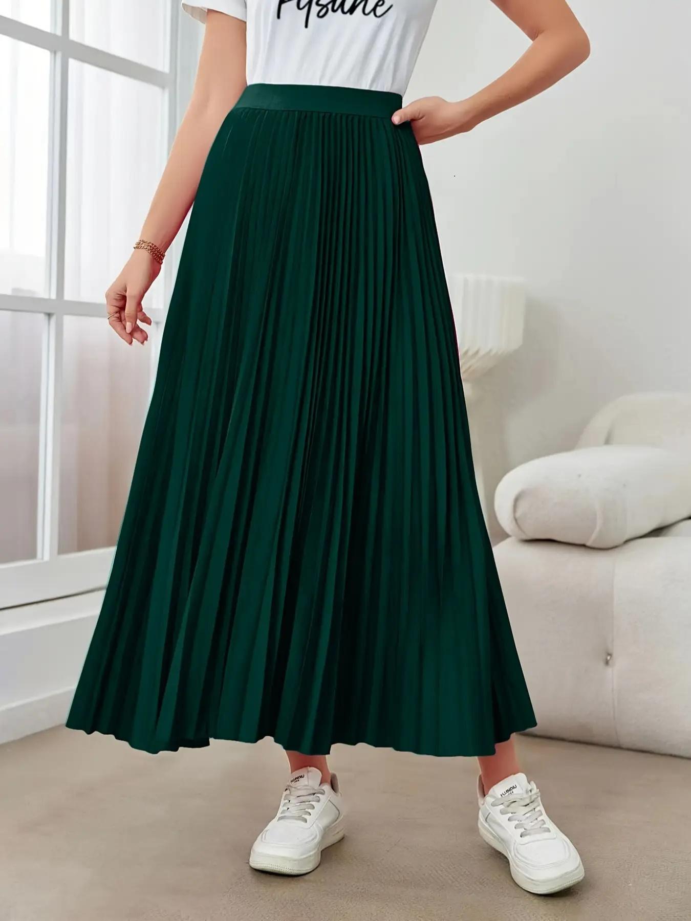 Women's Solid Color Pleated Skirt, Elegant Fashion Long Maxiskirt for Work Office Business, Ladies Spring & Fall Clothes, Formal Fashion Skirt, Flowy Pleated Skirts, Loose Skirt, Plain Color Skirt, Loose Feeling Skirt