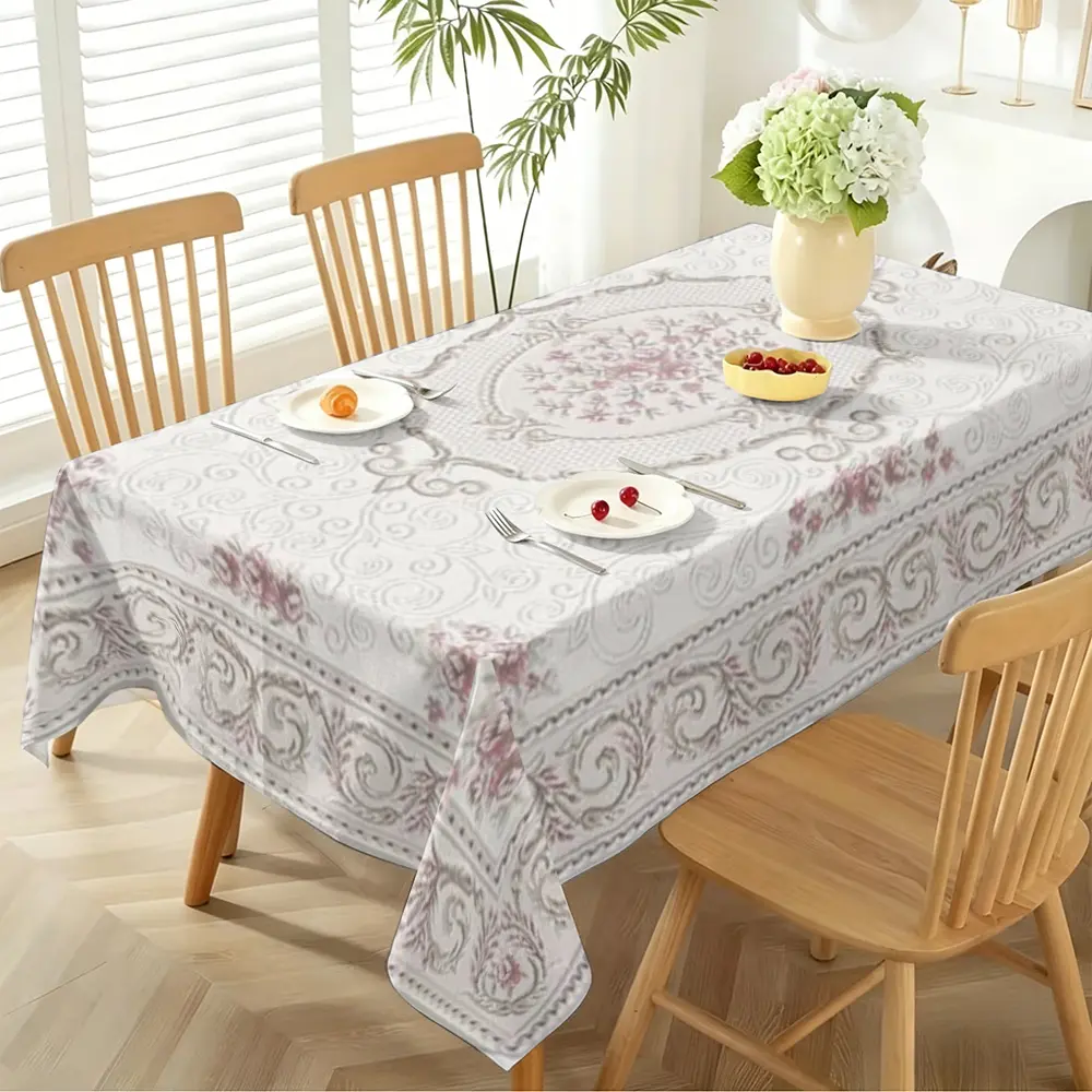 Korean Gentle Cream Tablecloth, with Delicate Pink Roses and Ribbons on Beige Background, Washable Soft Fabric, Non-slip and Durable, Suitable for Daily Meals, Bedroom Layout and Warm Adjustment, and Minimalist Home Decoration.