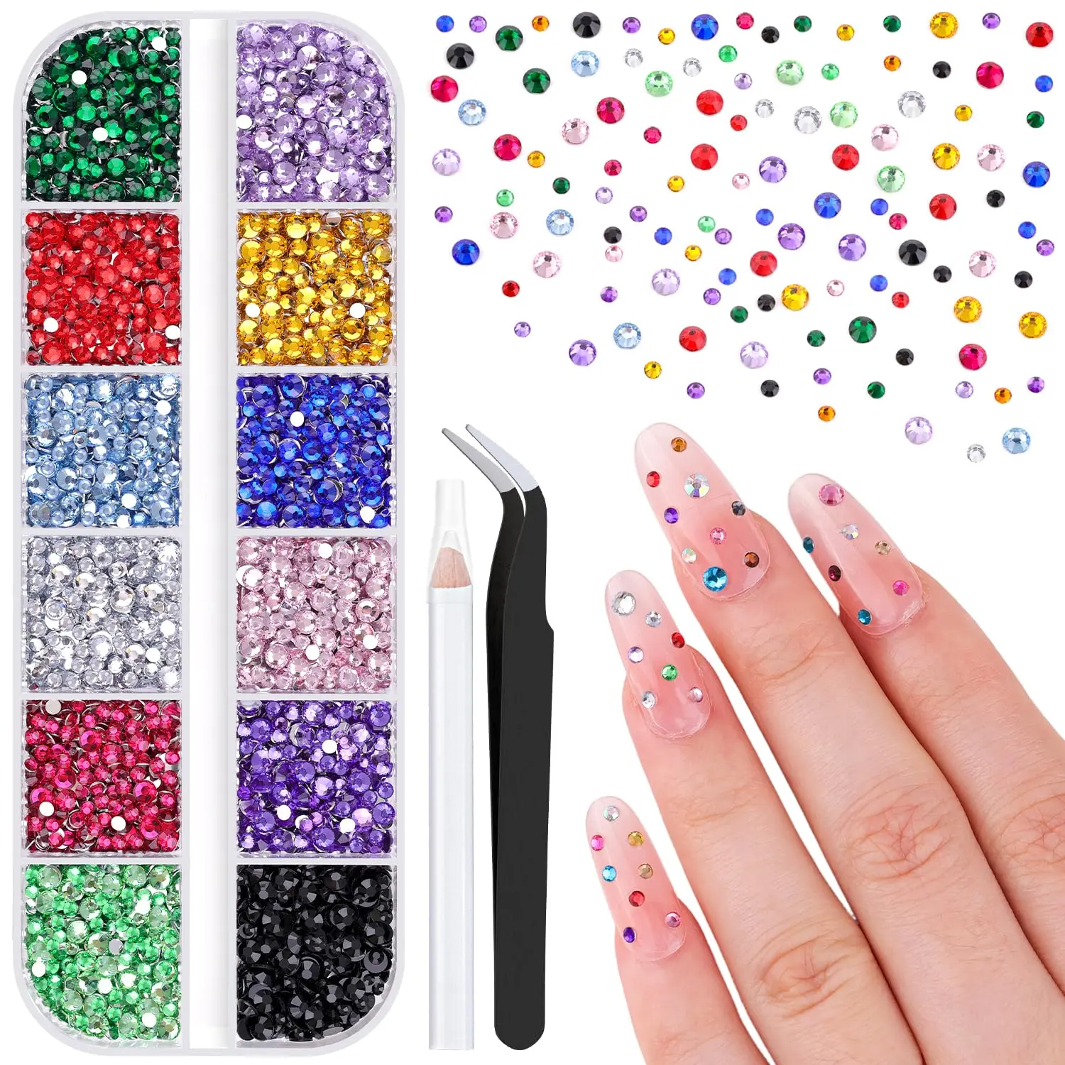 5000Pcs Small Resin Rhinestones for Nail Art, Colorful Rhinestone 2/3MM Flatback Bedazzling Gems, Nail Rhinestones and Gems Crystals Charms for Acrylic Tips Manicure Decor, Including Accessories