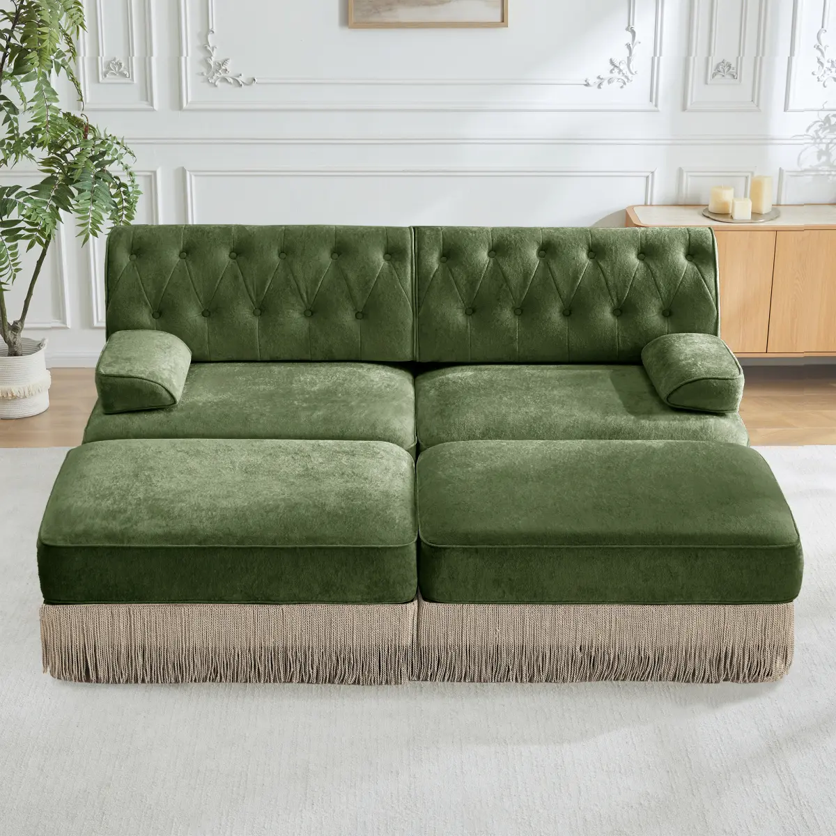 With 2 Ottoman, Breathable Comfort Velvet Fabric, Tassel Skirt Chesterfield Style Sofa, Free Combination,Slightly Curved Square Armrests, Premium Wooden Base, Easy to Assemble,For Living Room,Green