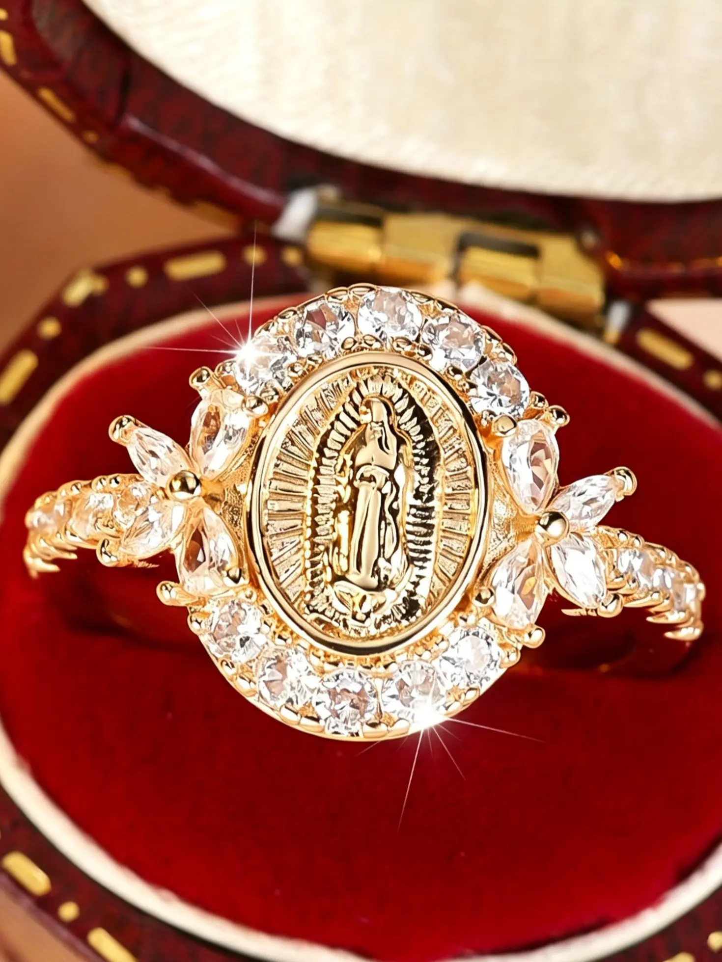 Gold Our Lady of Guadalupe ring encircled with sparkling crystals, butterfly crystal side details, faith religious jewelry. Sizes US5-11 available. Thoughtful devotional gift for women on Christmas, Easter, birthday, symbolic protection & prayer keepsake.