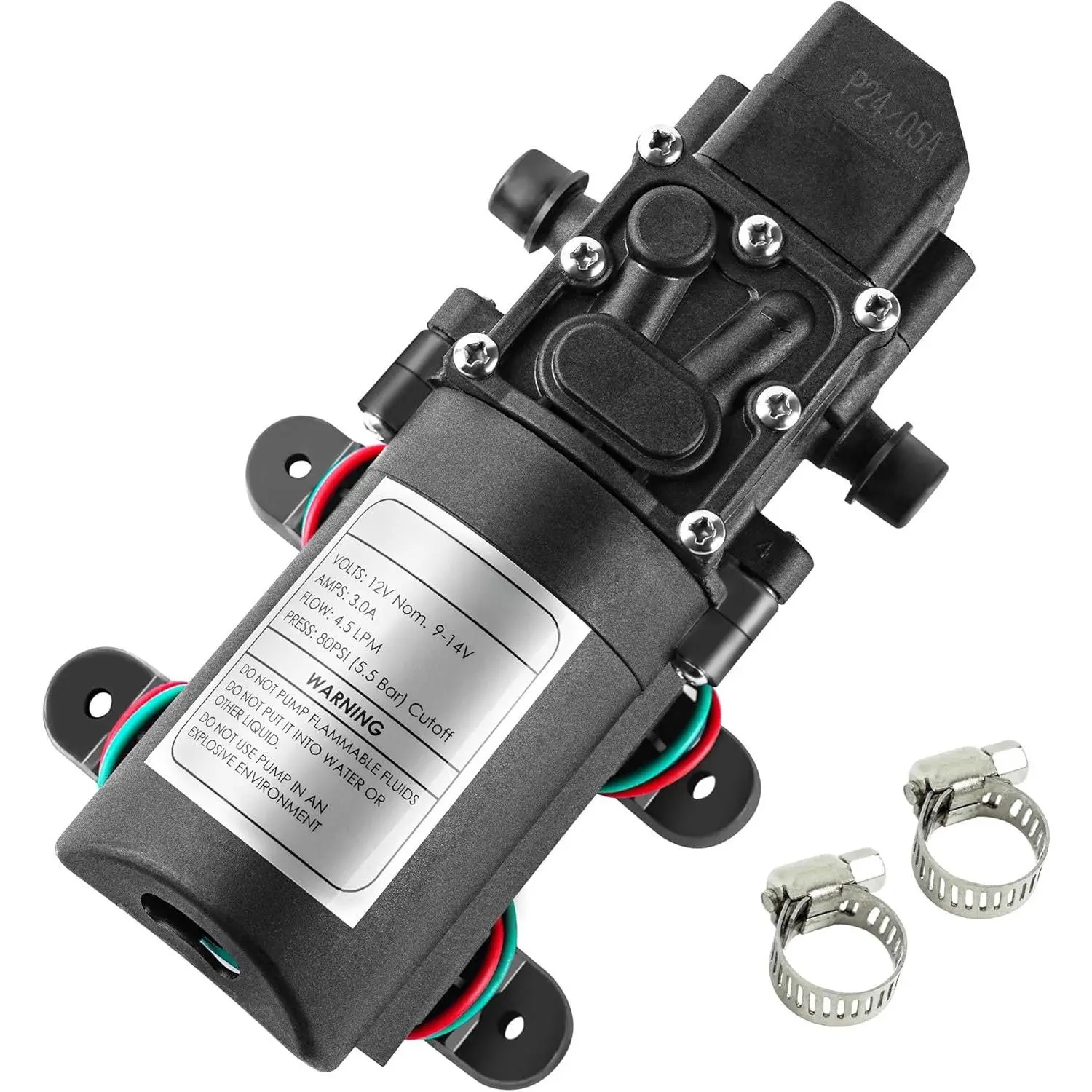 12V DC  Water Pump with 2 Hose Clamp 12  Diaphragm Pump Self Priming Sprayer Pump with   4.5 L/Min 1.2 GPM 80 PSI Adjustable for RV Camper Marine Boat La (1)