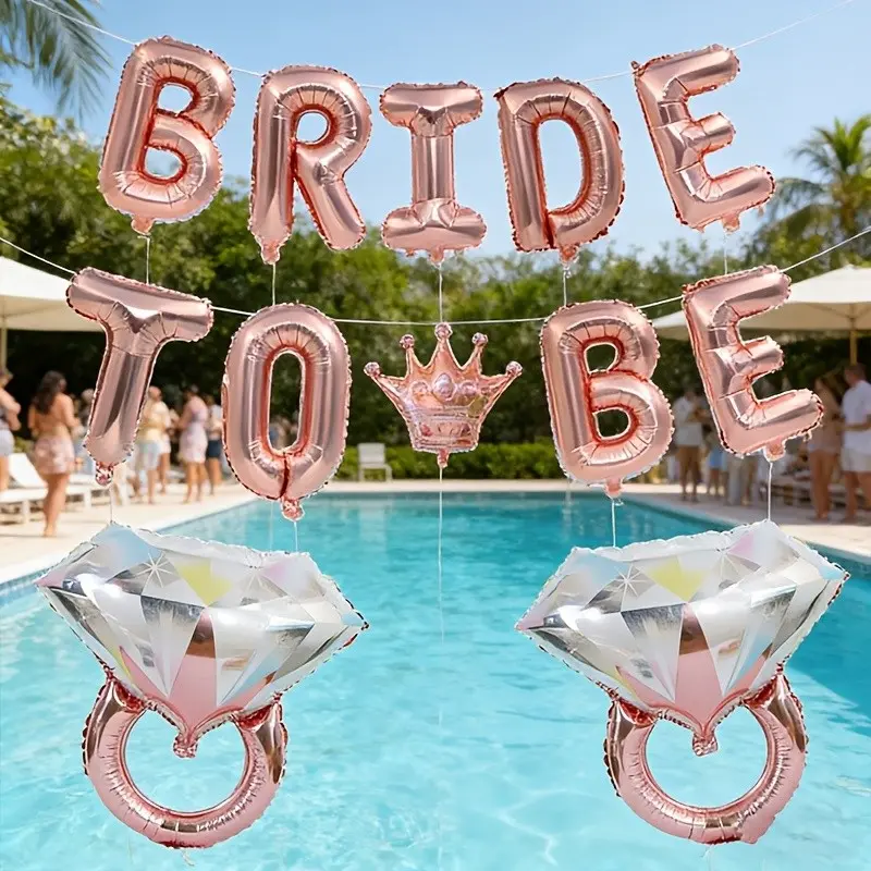 16 Inch Rose Gold BRIDE TO BE Letter Foil Balloons, Diamond Ring & Crown Shape Foil Balloons with Ribbon & Dot Glue Kit, Party Decor Supplies for Camping Themed Party, Graduation, Bachelorette, Wedding & Birthday Photo Backdrop Decor