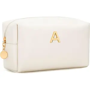 Gifts for Women Bridesmaid Gifts Personalized Initial Makeup Bag PU Leather Cosmetic Waterproof Travel Toiletry Bag (Beige A)