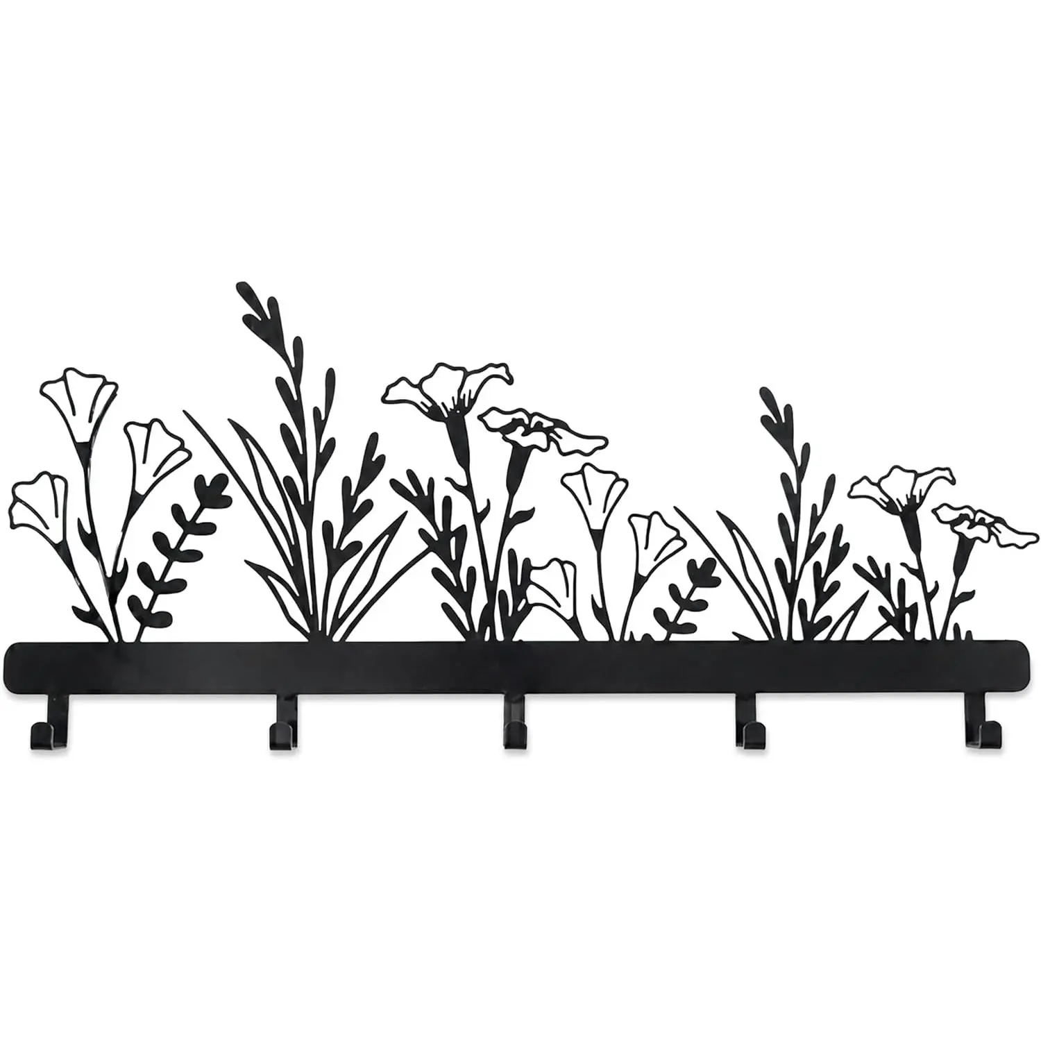 Matte Black Decorative Metal Wall Mount Hanger - 5-Hook Flower Cutout Coat Rack, Easy Installation for Hanging Coats, Bags, Keys by the Door