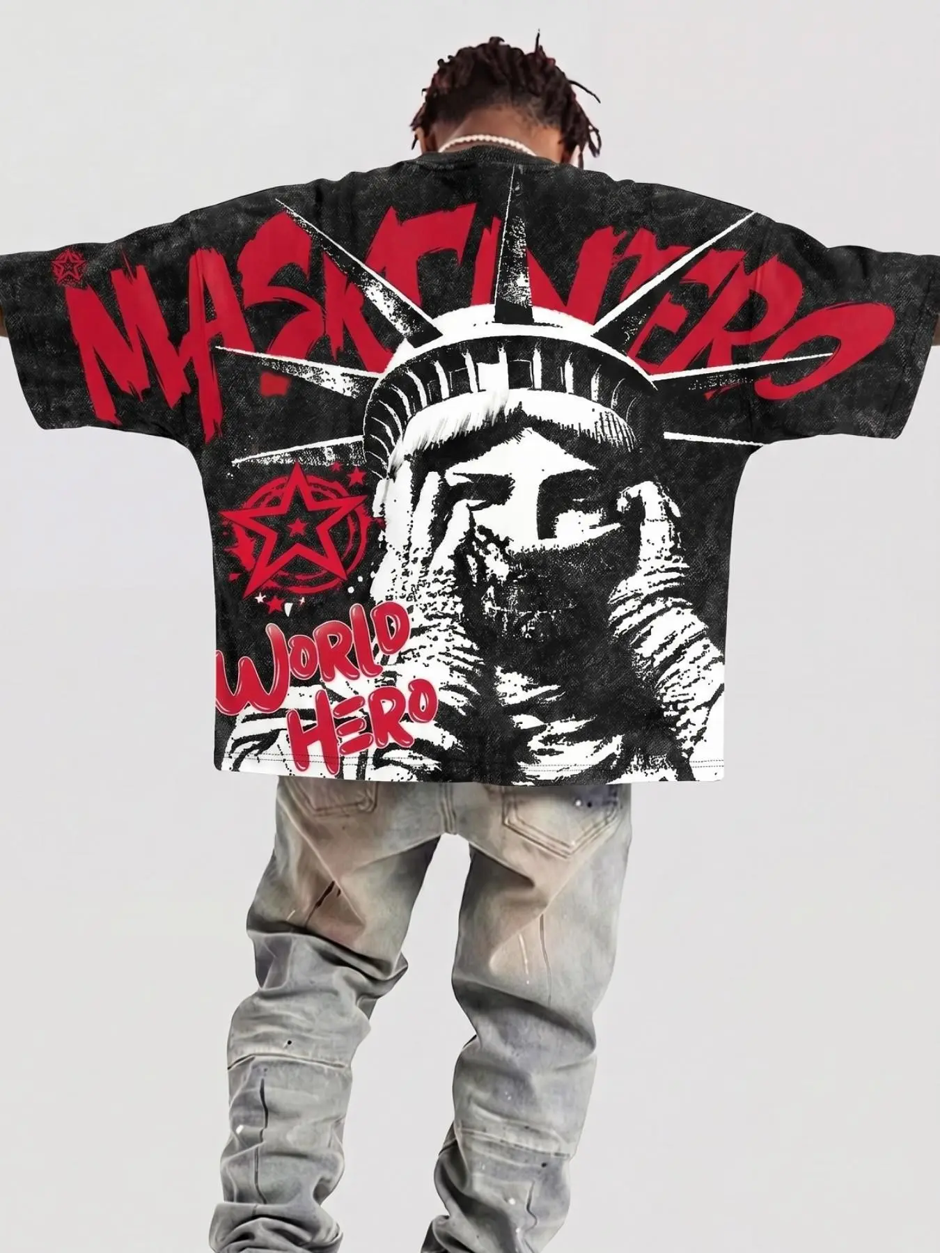 Men's Dark Cool Liberty Statue Print T-Shirt, Washed Vintage Heavy Cotton Loose Fit, American Streetwear Graffiti Style, Summer Breathable Casual Top