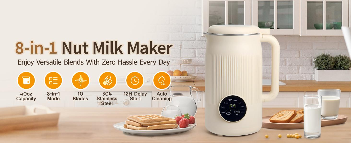 8 in 1 Nut Milk Maker Machine, 40oz Automatic Soy Milk Maker Blender, Homemade Soy Milk, Almond Milk, Oat Milk,Juice, Plant Based and Non Dairy Beverages, 12H Delay Start/Keep Warm/Self Cleaning
