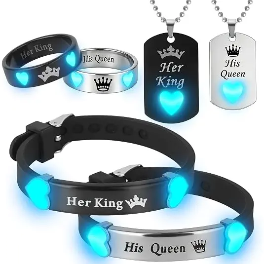 Luminous Couples Jewelry Set, 6-Piece Stainless Steel Crown-Style "Her King His Queen" Necklace, Bracelet & Ring, Love Promise Gift, Luminous Jewelry, Fashion, Crown‑Style Glow
