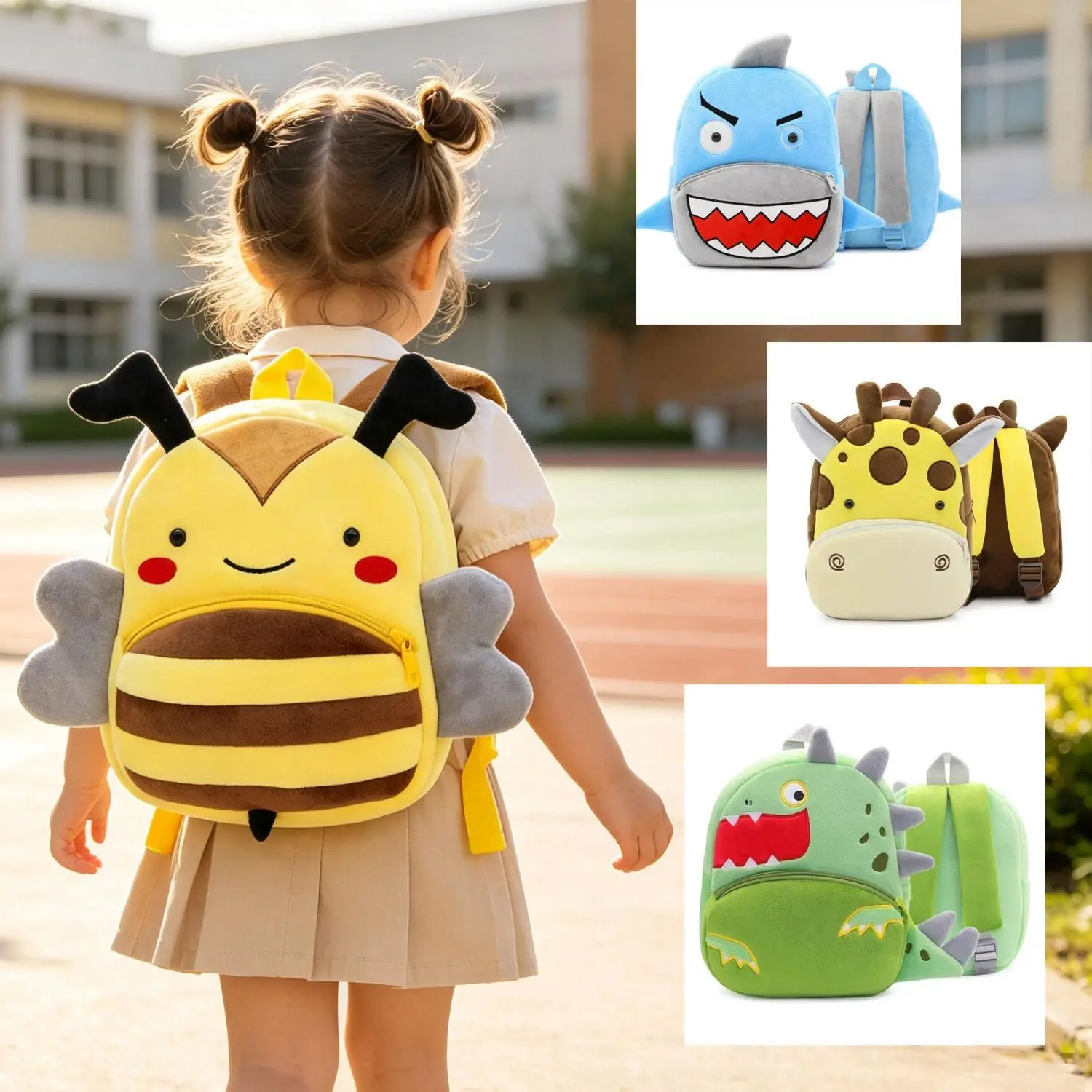 Cute 3D Animal Plush Toddler Backpack, Soft Cartoon Mini Preschool School Bag, Bee Shark Dinosaur Chicken Lion Zoo Kids Backpack for Boys Girls Daycare Travel