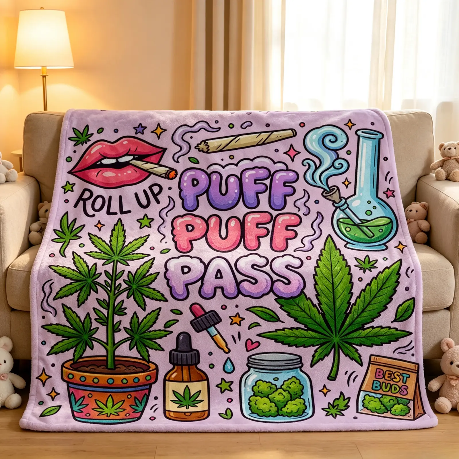 Cartoon Botanical Leaf Doodle Art Flannel Throw Blanket, Pastel Purple Vibrant Graphic Print Soft Cozy Home Decor Blanket For Sofa Bed Couch, Trendy Room Decor Gift For Birthday Christmas Housewarming TikTok Popular Amazon Must Have