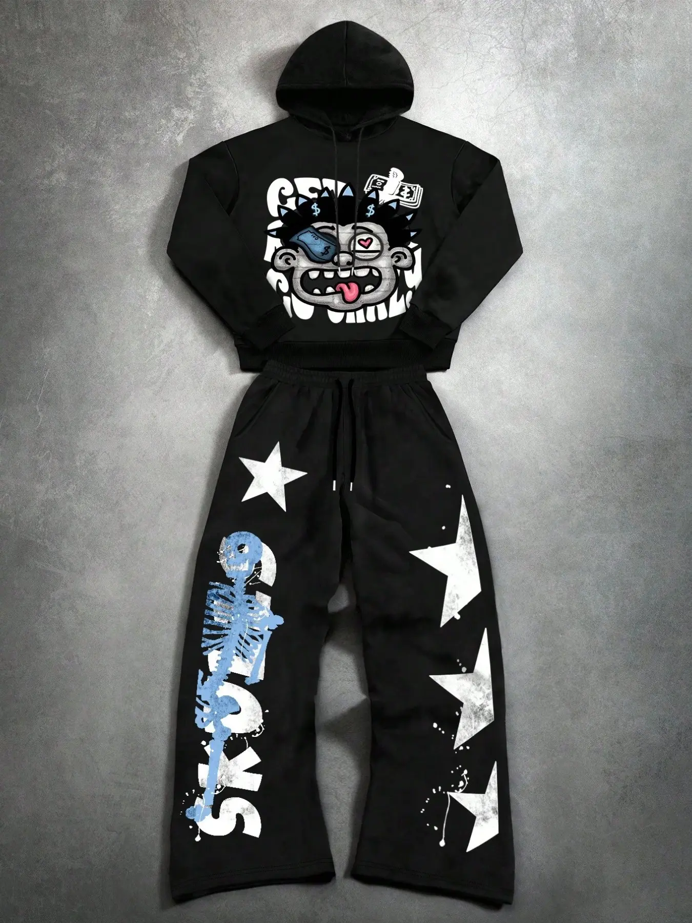 American Cartoon Monster Print Short Hoodie Set for Men, Vintage Distressed Skull Star Wide Leg Sweatpants Two-Piece Set