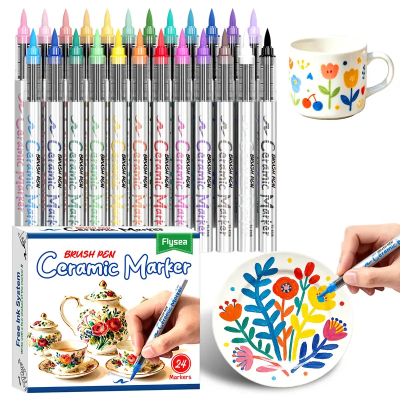 Ceramic Markers 12/24/36 Colors, Brush Tip Acrylic Paint Pens, Permanent Porcelain Paint Markers with Vibrant Ink, Waterproof & Fade Resistant for Glass and Ceramic