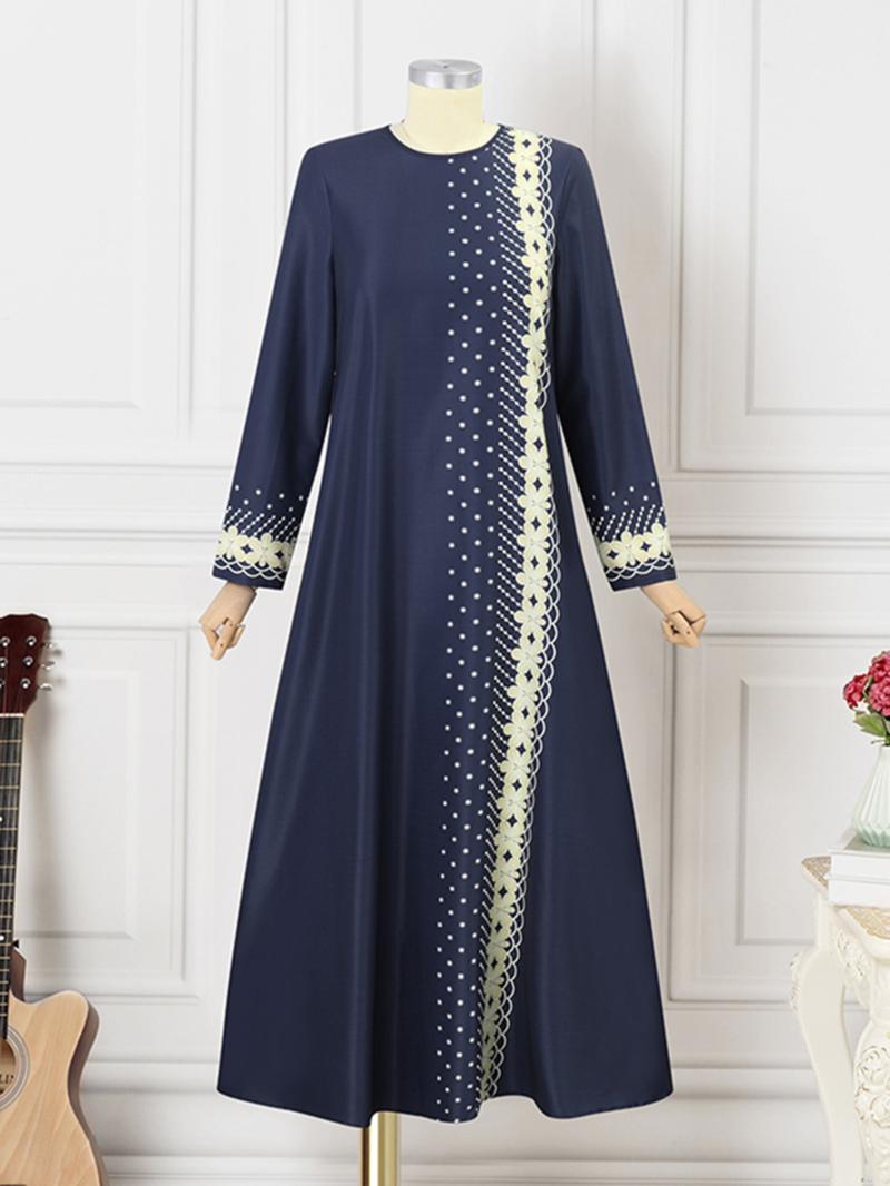 Women's Floral & Dot Print Long Sleeve Maxi Dress, Modest Round Neck Arabian Dress for Daily Wear, Ladies Islamic Clothing for All Seasons