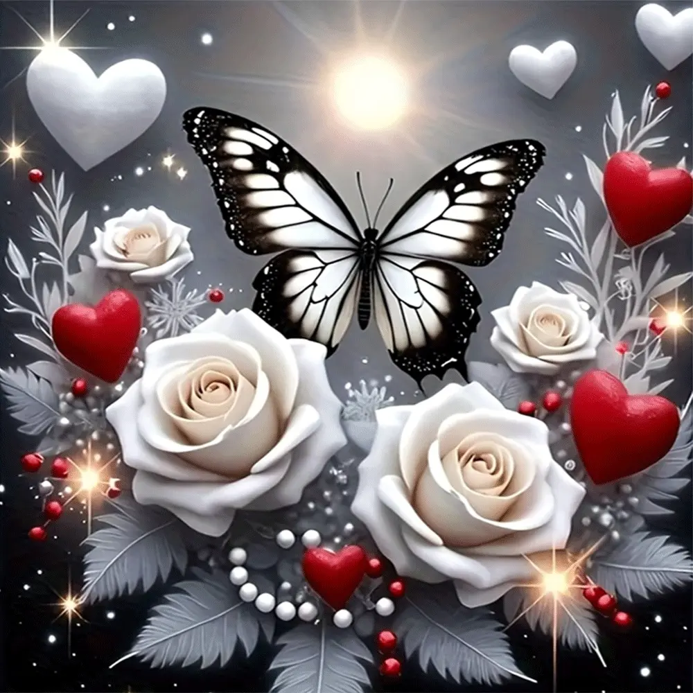 1PC,2D Butterfly and Rose Diamond Painting Kit with Red White Heart Design Sparkling Rhinestone Embroidery Arts Craft for Home Wall Decor DIY Handmade Gift for Adults and Kids Creative Room Decoration Supplies