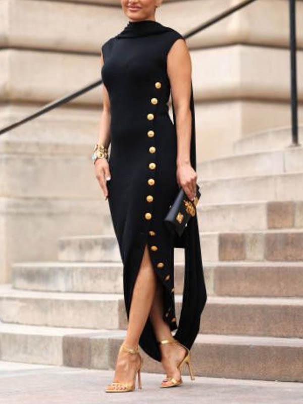 Loose Sleeveless Solid Color Split-side Shawl Collar Maxi Dresses Summer Black