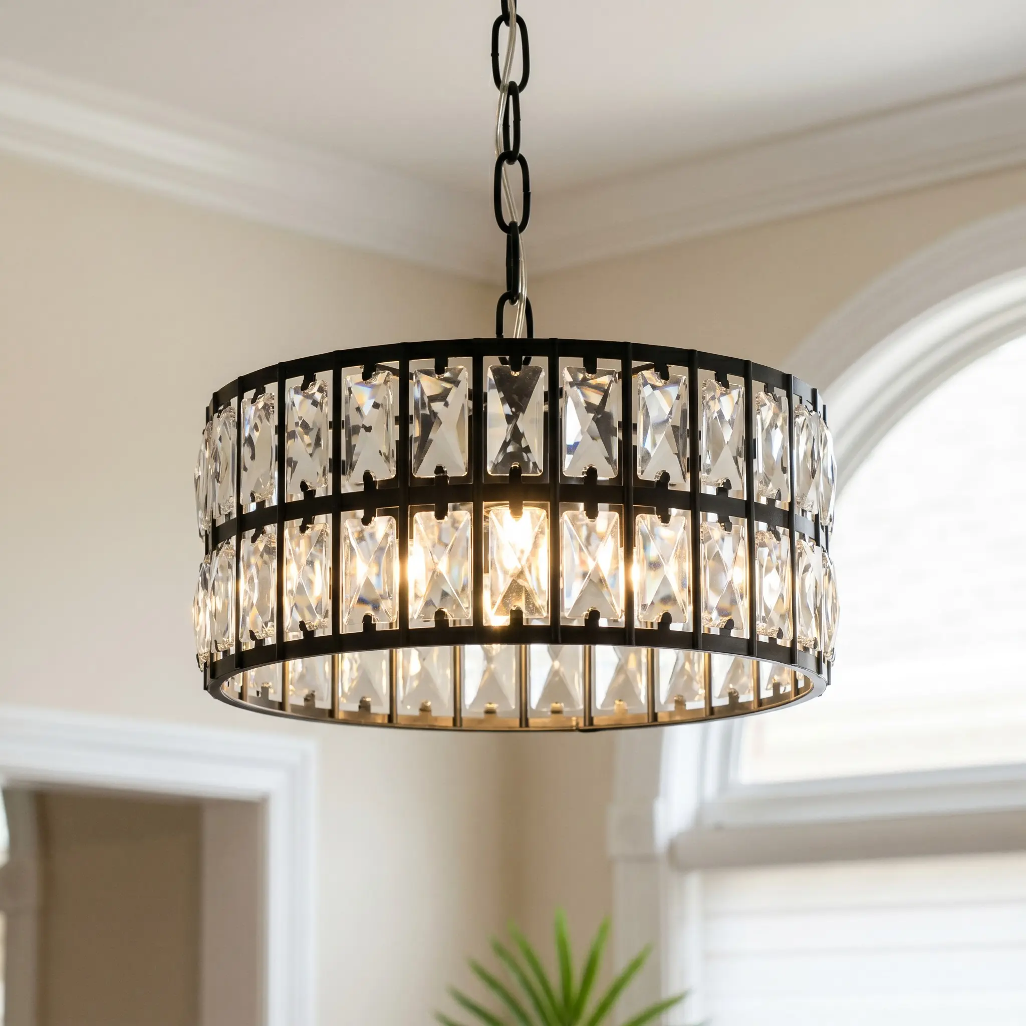 Modern Black Crystal Chandelier, 12-Inch Round Ceiling Light, K9 Crystal E14 Fixture for Dining Room Kitchen Island Living Room Bedroom Hallway, Luxury Home Decor, Dimmable Ceiling Lights, Bulbs Not Included