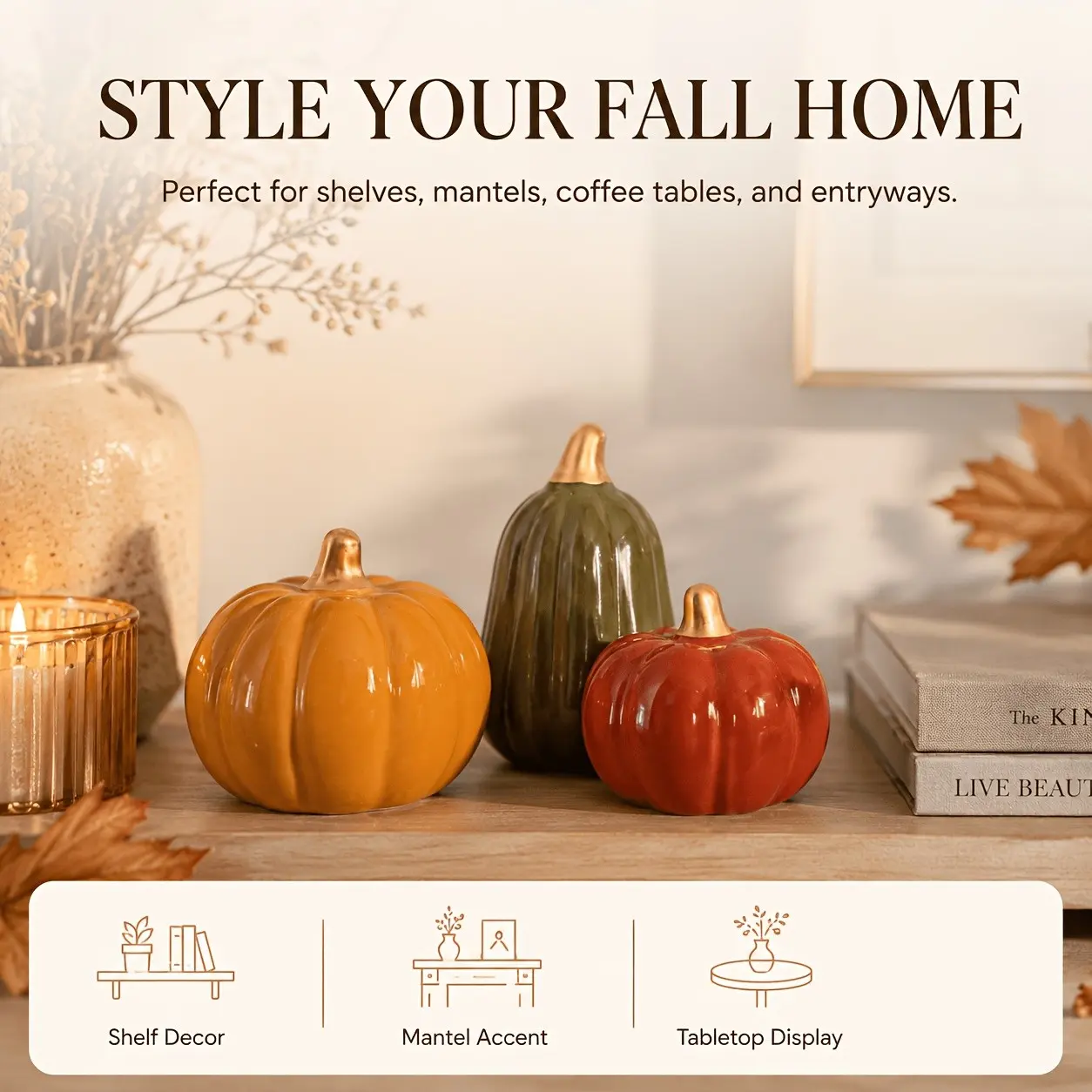 3 Piece Ceramic Pumpkin Decor Set, Halloween Autumn Home Decoration, Living Room Desk Entryway Ornament, Festive Pumpkin Display, Table Decor