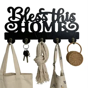 "bless This Home" Wooden Multi-Functional Hook, Keychain Wall Decoration, 5 Hooks, Entryway, Kitchen, Office, Party, Halloween Gift