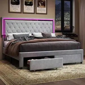 Full Queen Size Bed Frame For Bedroom Furniture, Velvet Upholstered Platform Bed With LED Lights, Storage Drawers And Noise Free Design, No Box Spring Needed, Easy Assembly, Cream, White, Light Grey