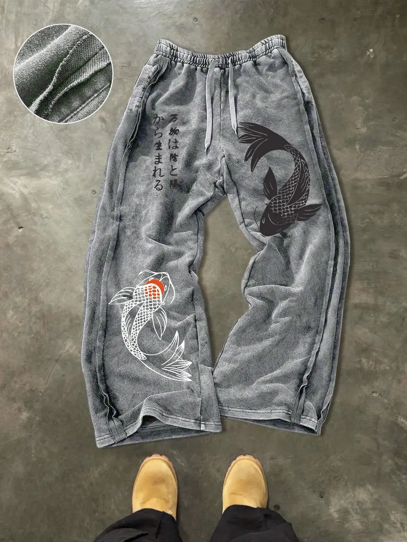 American Vintage Washed Snake Rose Print Wide Leg Sweatpants, Japanese Style Adjustable Drawstring Waist Loose Fit Casual Long Pants