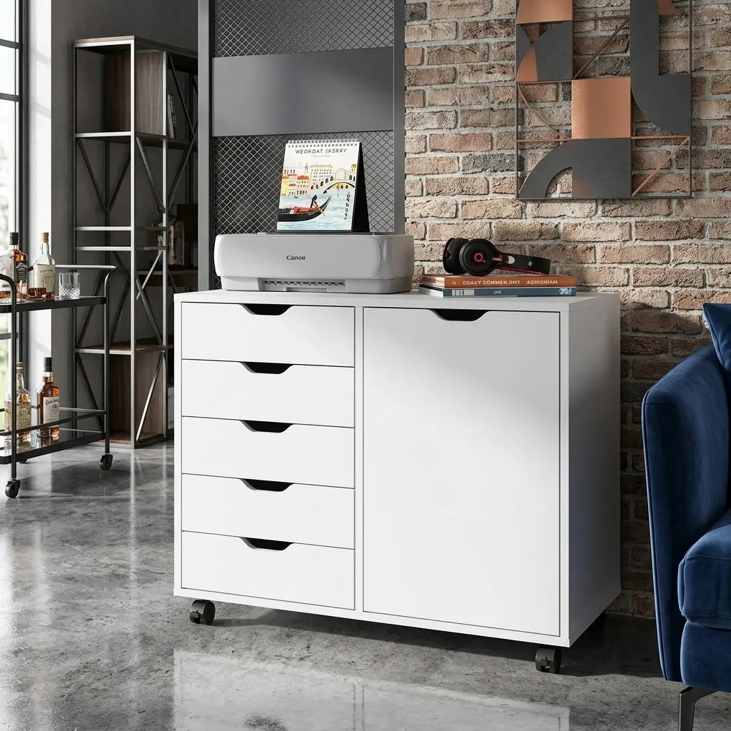 White WPC 5 Drawer Rolling Storage Cabinet With Single Door Lockable Casters Mobile Printer Stand Large Tabletop Organizer Chest For Home Office Study Craft Room Back To School Supplies Room Decor Easy Assembly Max 100lbs Load Capacity