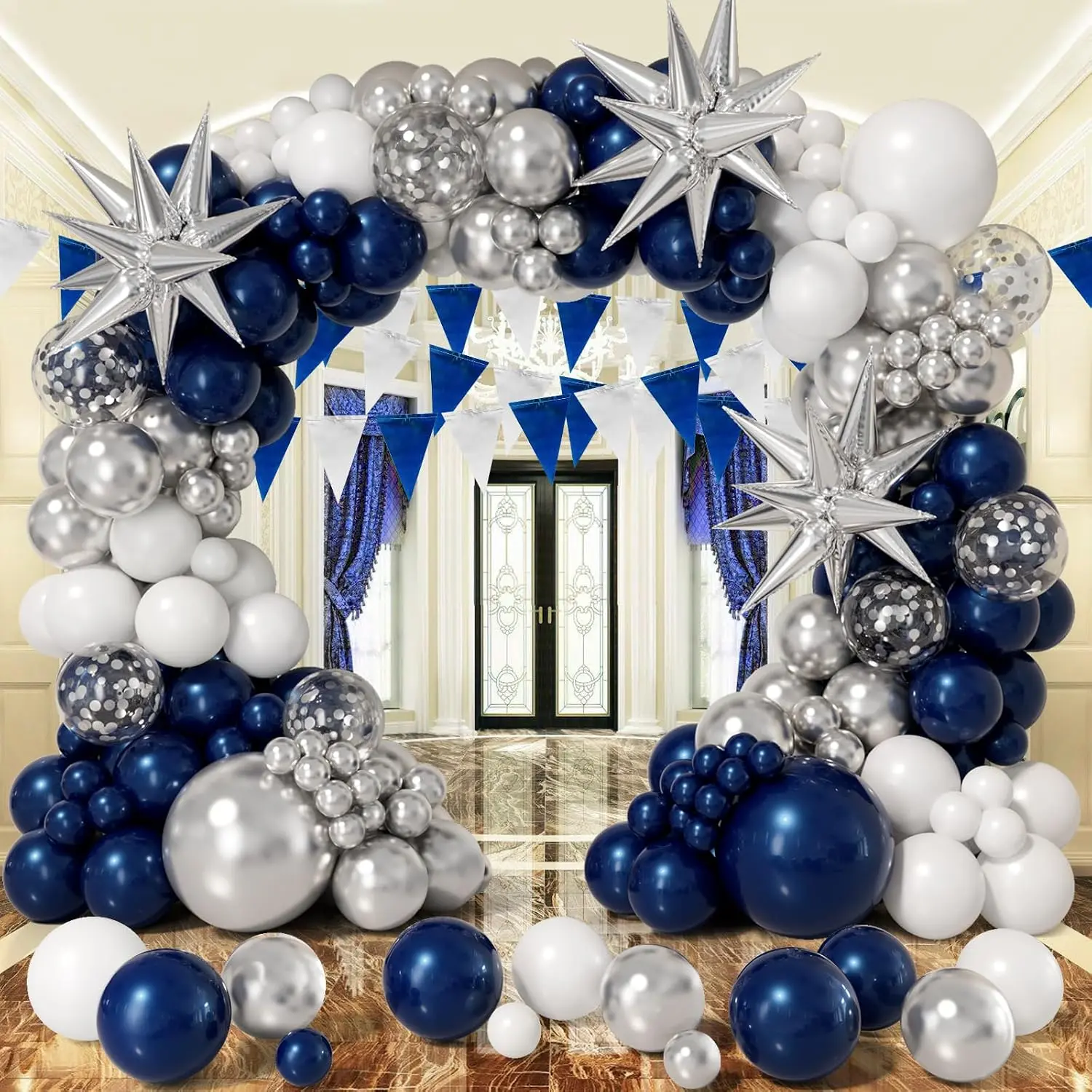 Navy Blue and  Balloon Garland Arch Kit 158 count with Blue White  Confetti Balloons,  Foil Balloons, for Graduation  Year Anniversary Birthday Party Decorations