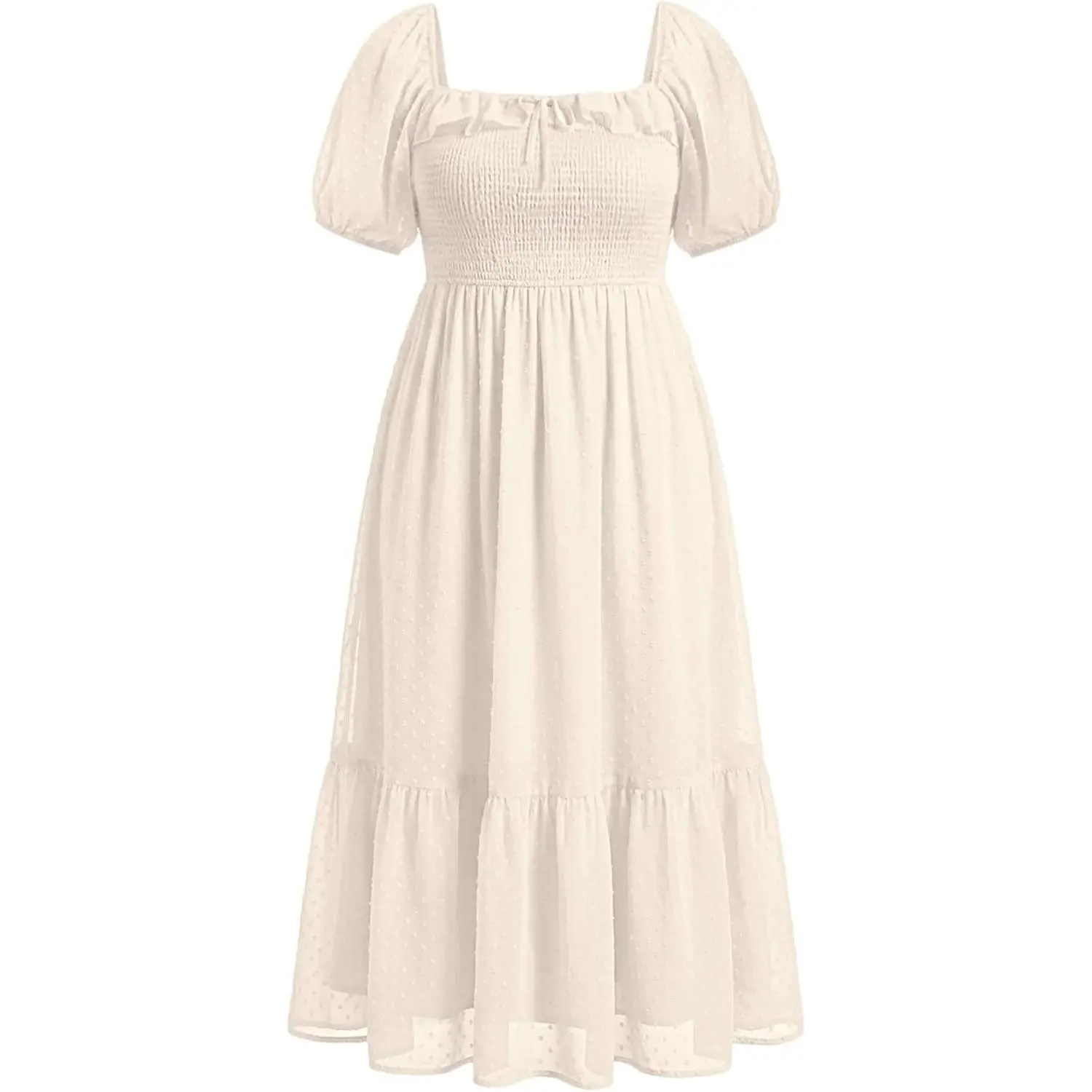 Plus Size Summer Dresses - Swiss Dot Smocked Square Neck Puff Sleeve Boho Maternity Maxi Dress for Baby Shower Wedding Guest