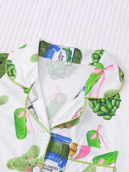 Women's Cucumber Print Short Sleeve Pajama Set, Casual Comfy Button Front Chest Pocket Design Lapel Neck Top & Elastic Waist Shorts PJ Set, Ladies Sleepwear Loungewear